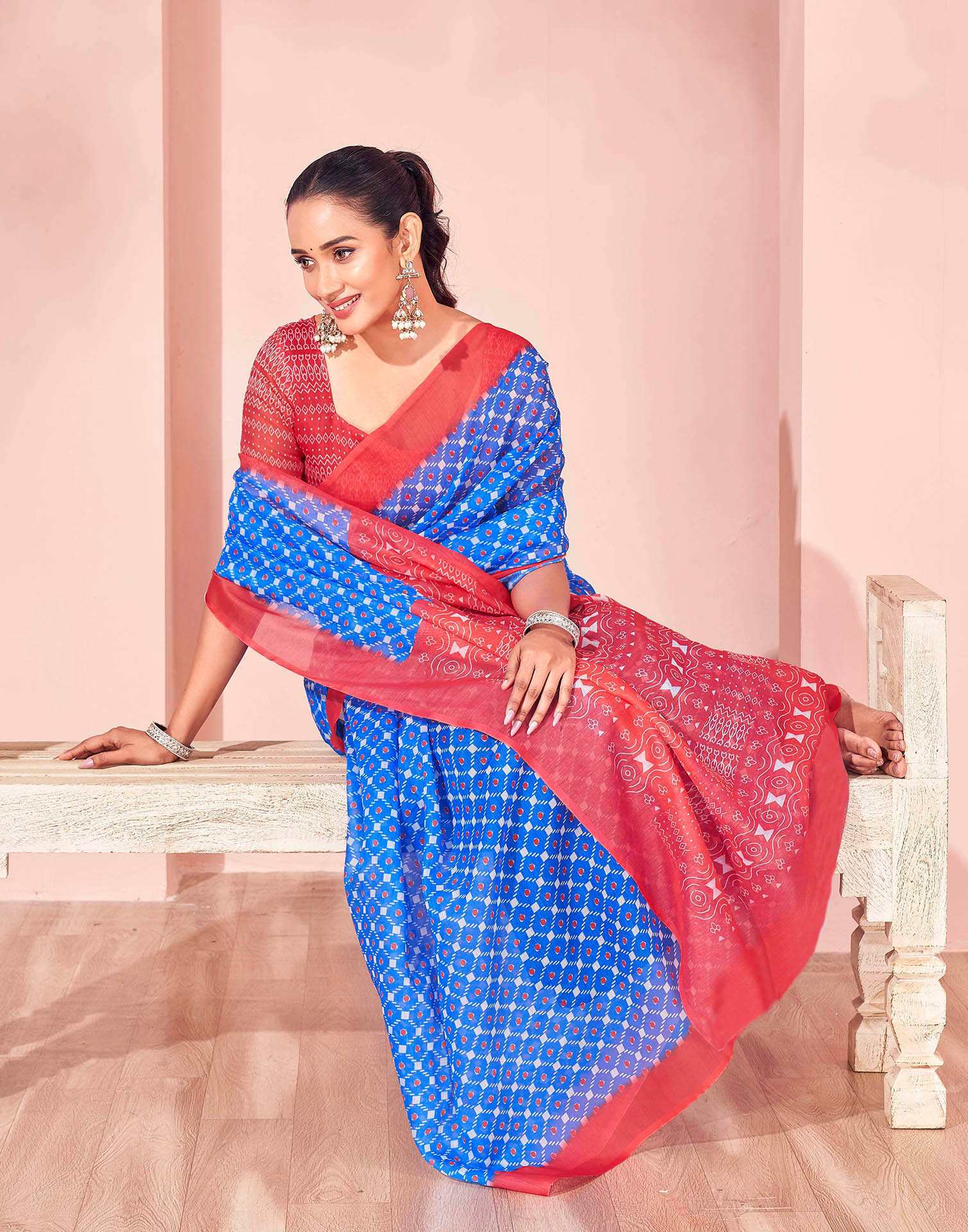 Blue Chanderi Cotton Printed Saree