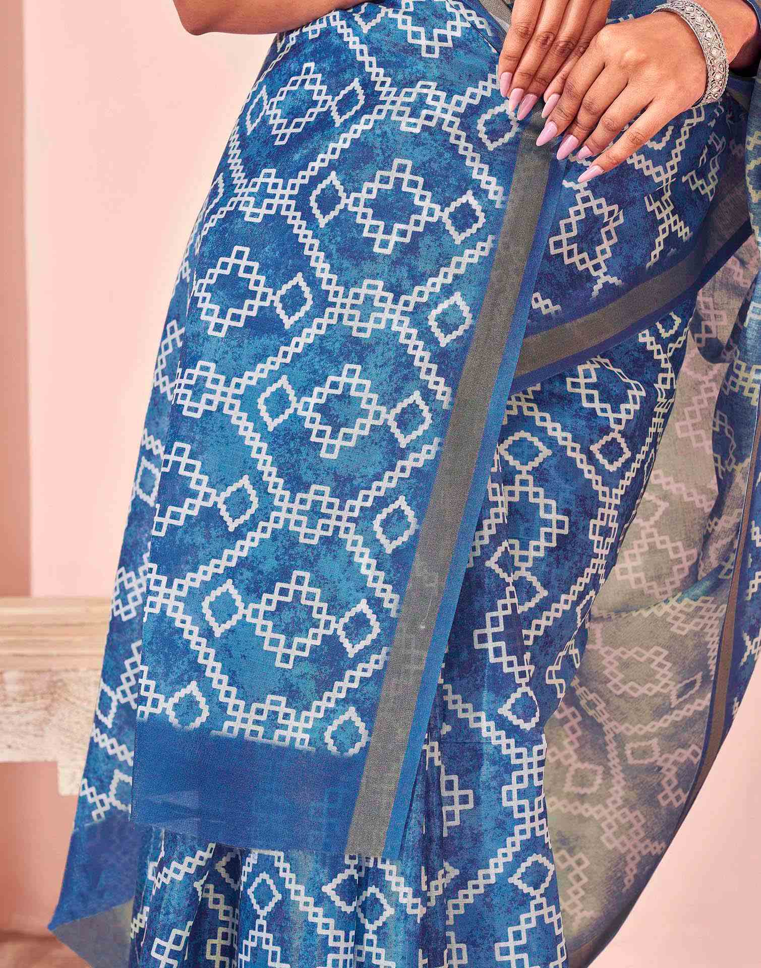 Peacock Blue Silk Printed Saree