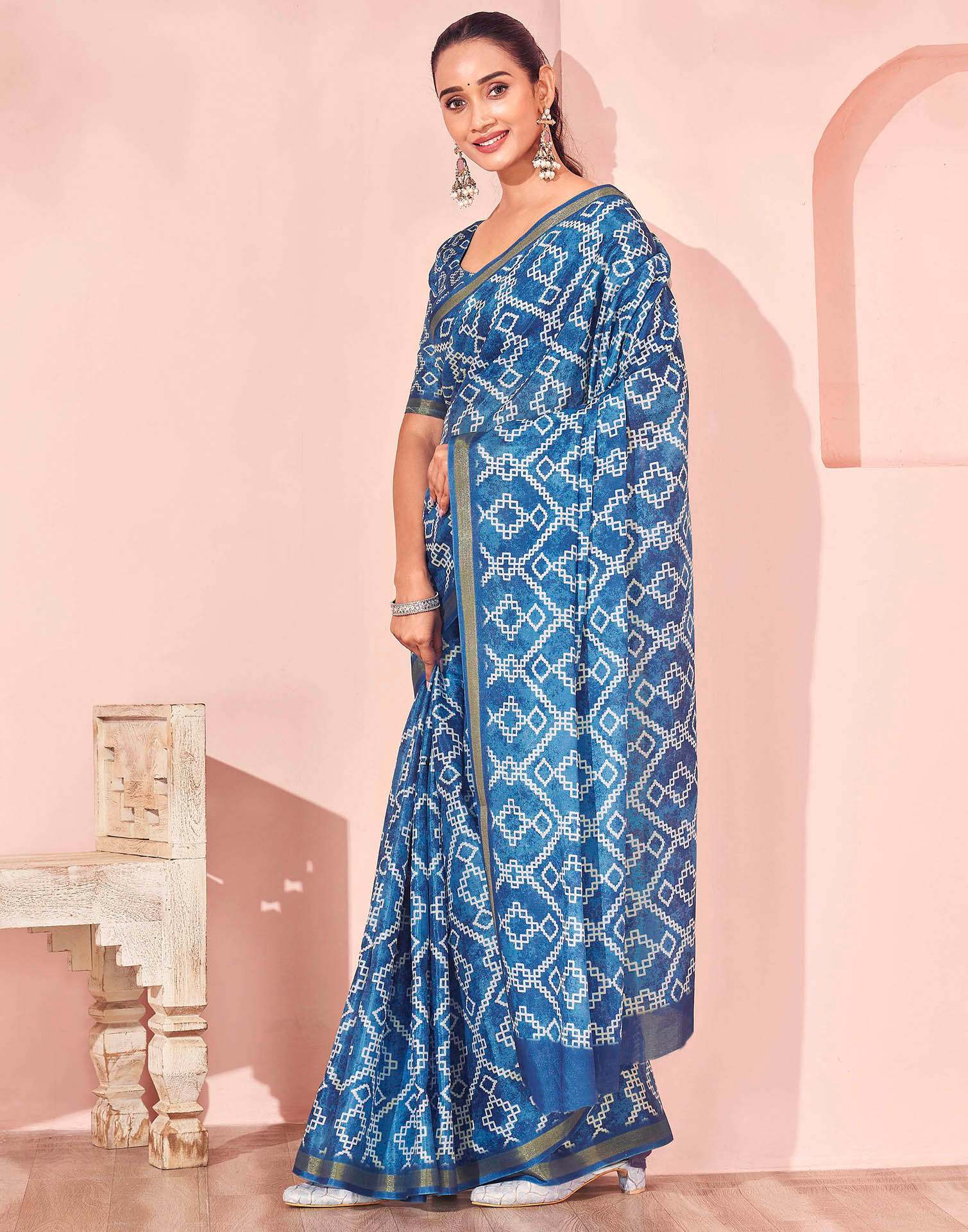 Peacock Blue Silk Printed Saree