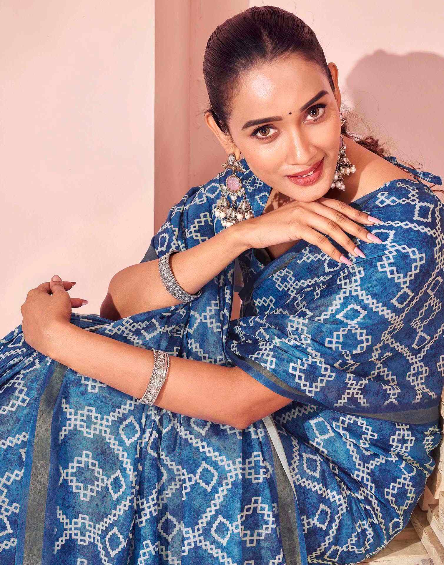 Peacock Blue Silk Printed Saree