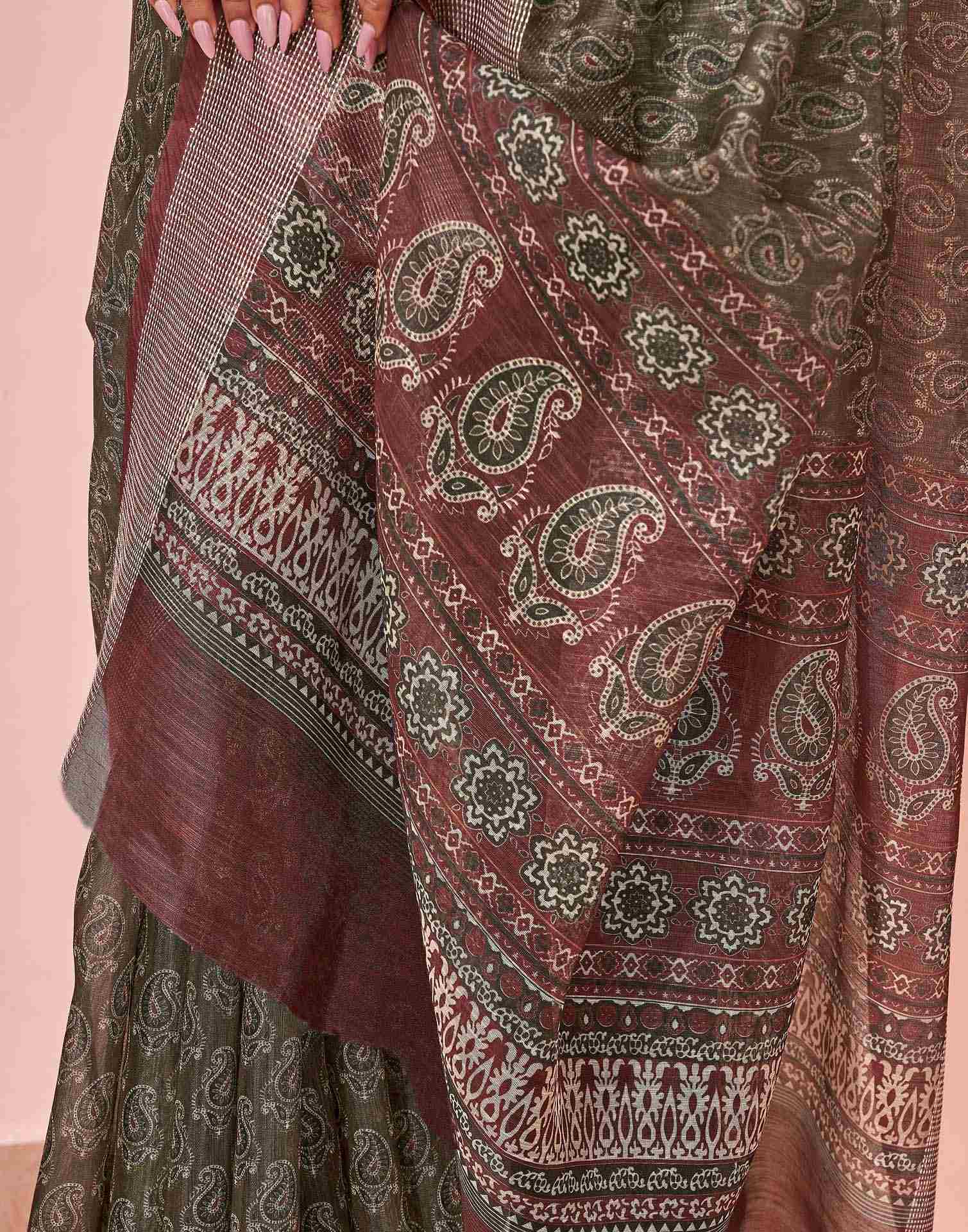 Olive Green Linen Printed Saree