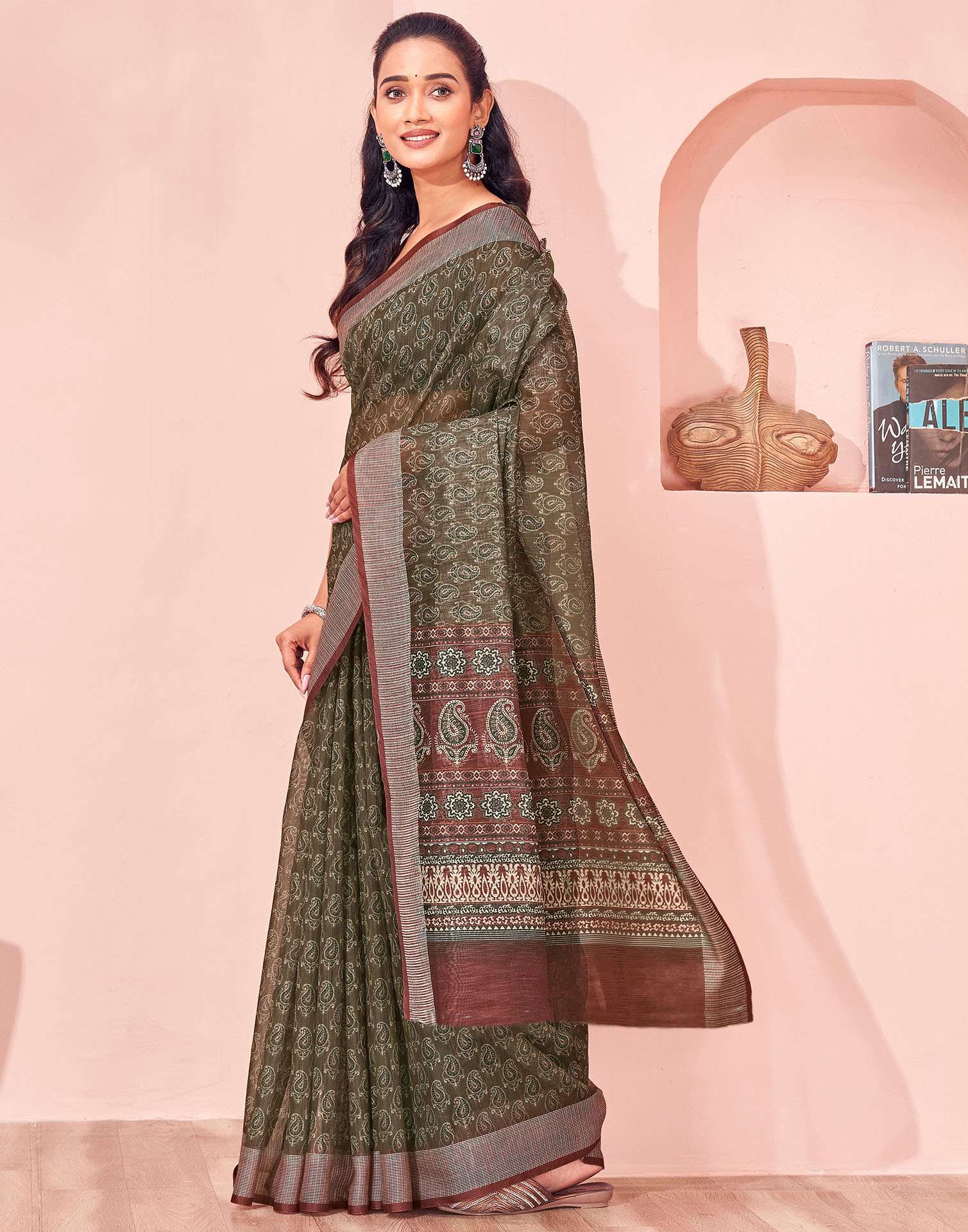 Olive Green Linen Printed Saree