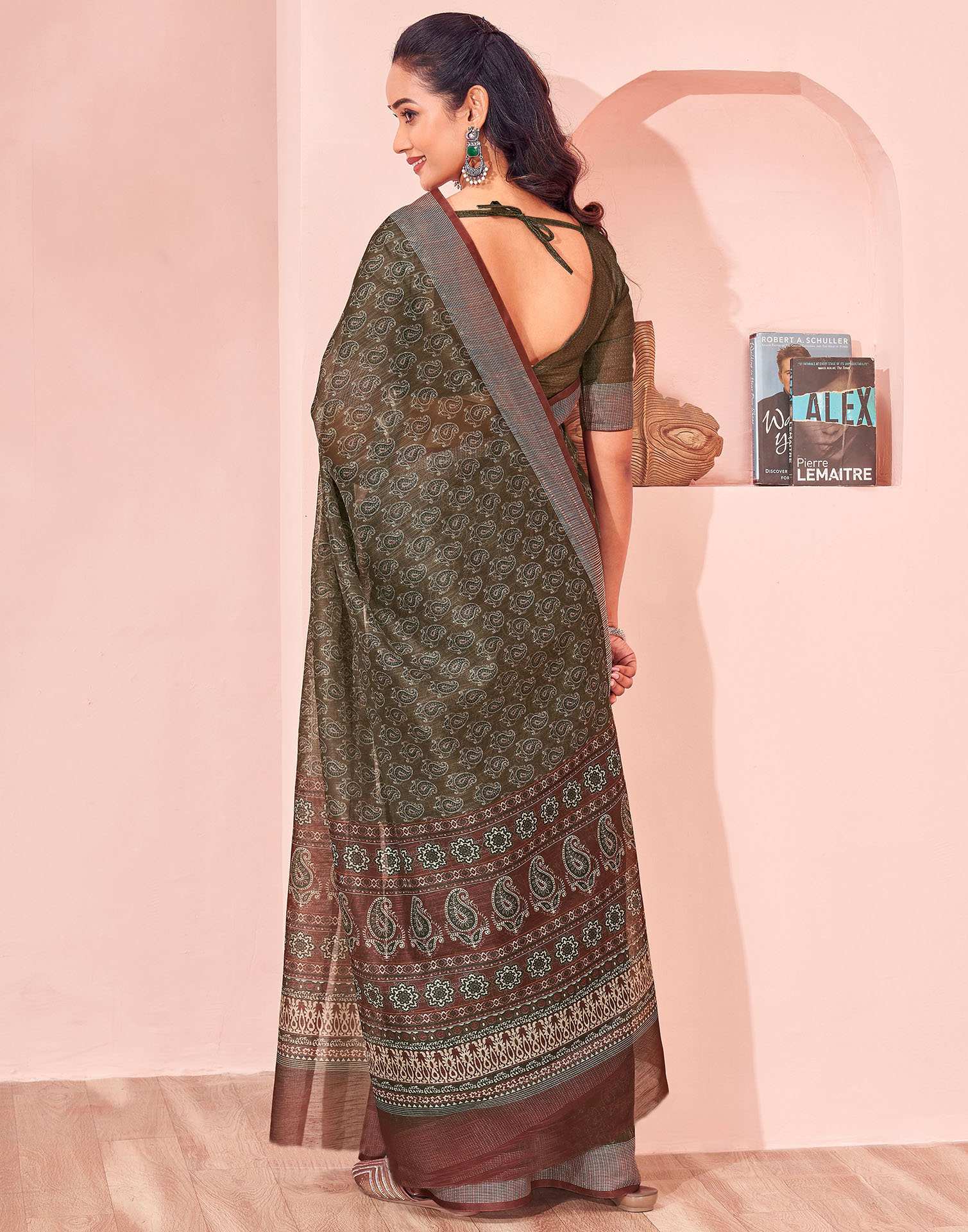 Olive Green Linen Printed Saree