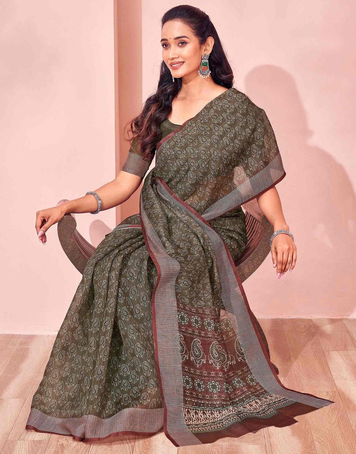 Olive Green Linen Printed Saree