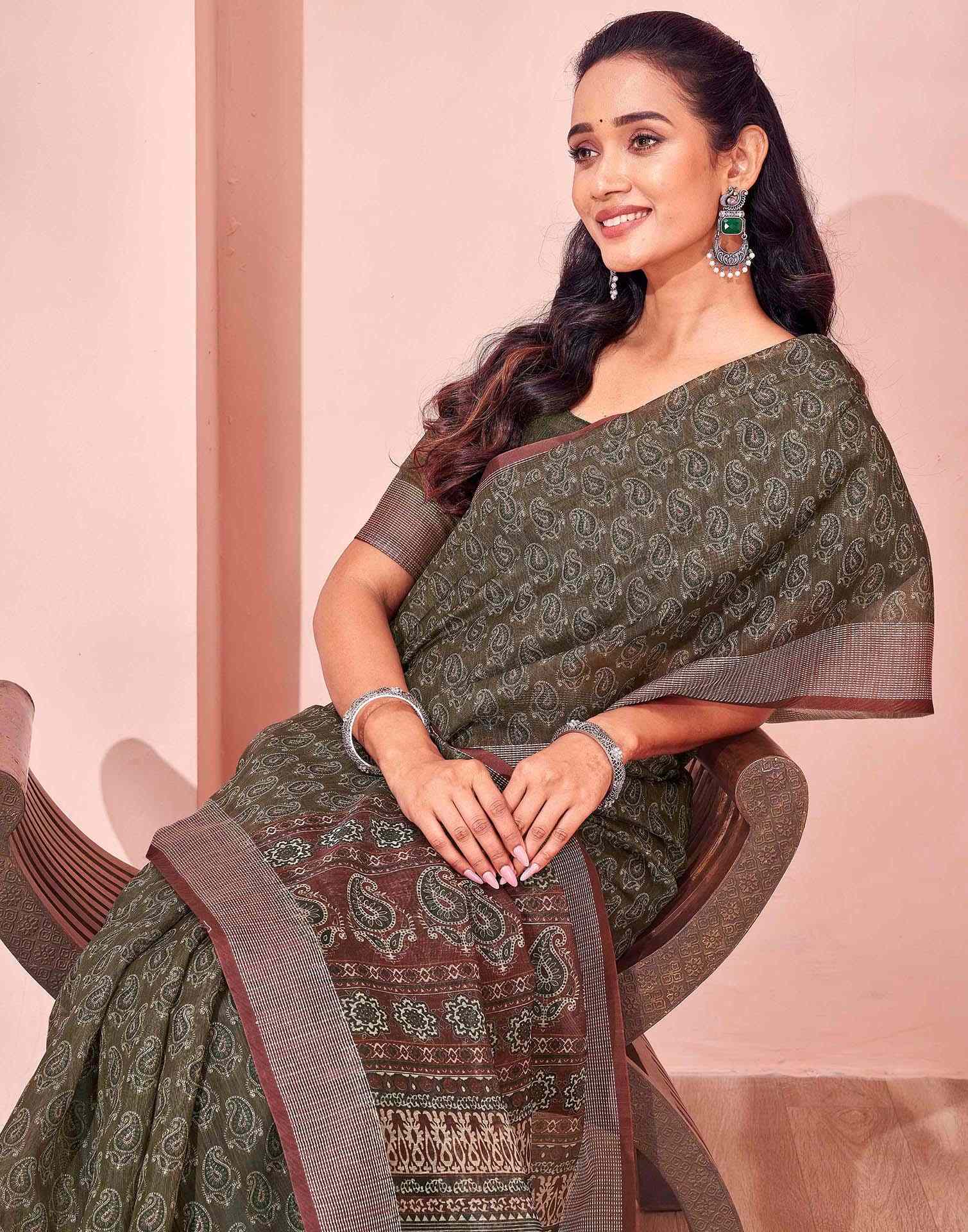 Olive Green Linen Printed Saree