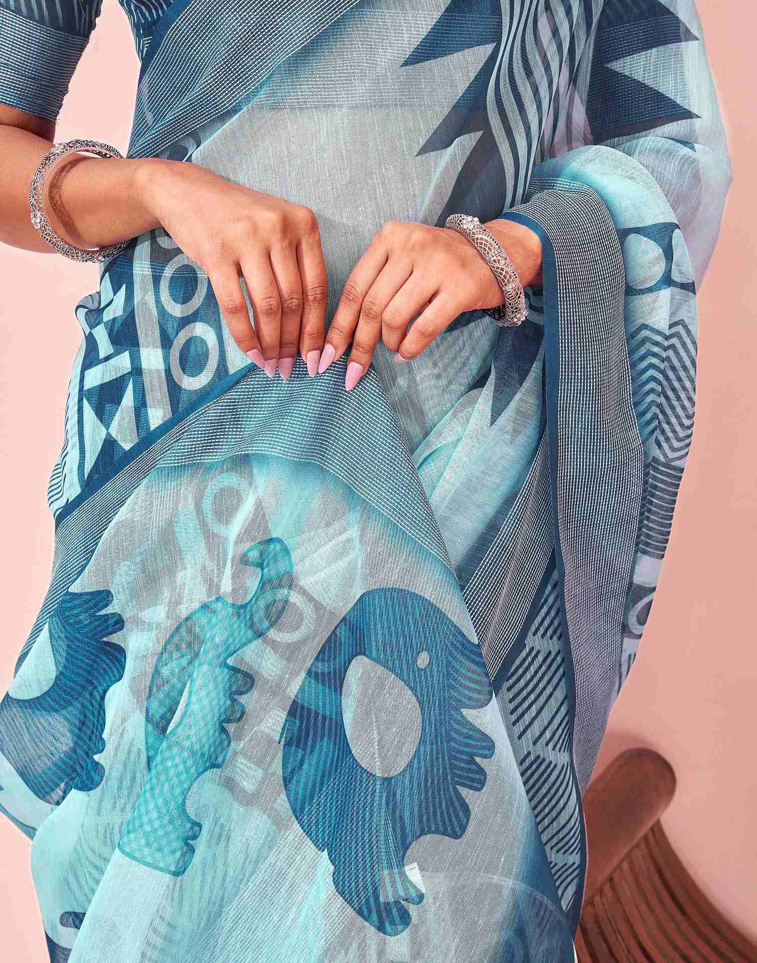 Light Blue Linen Printed Saree