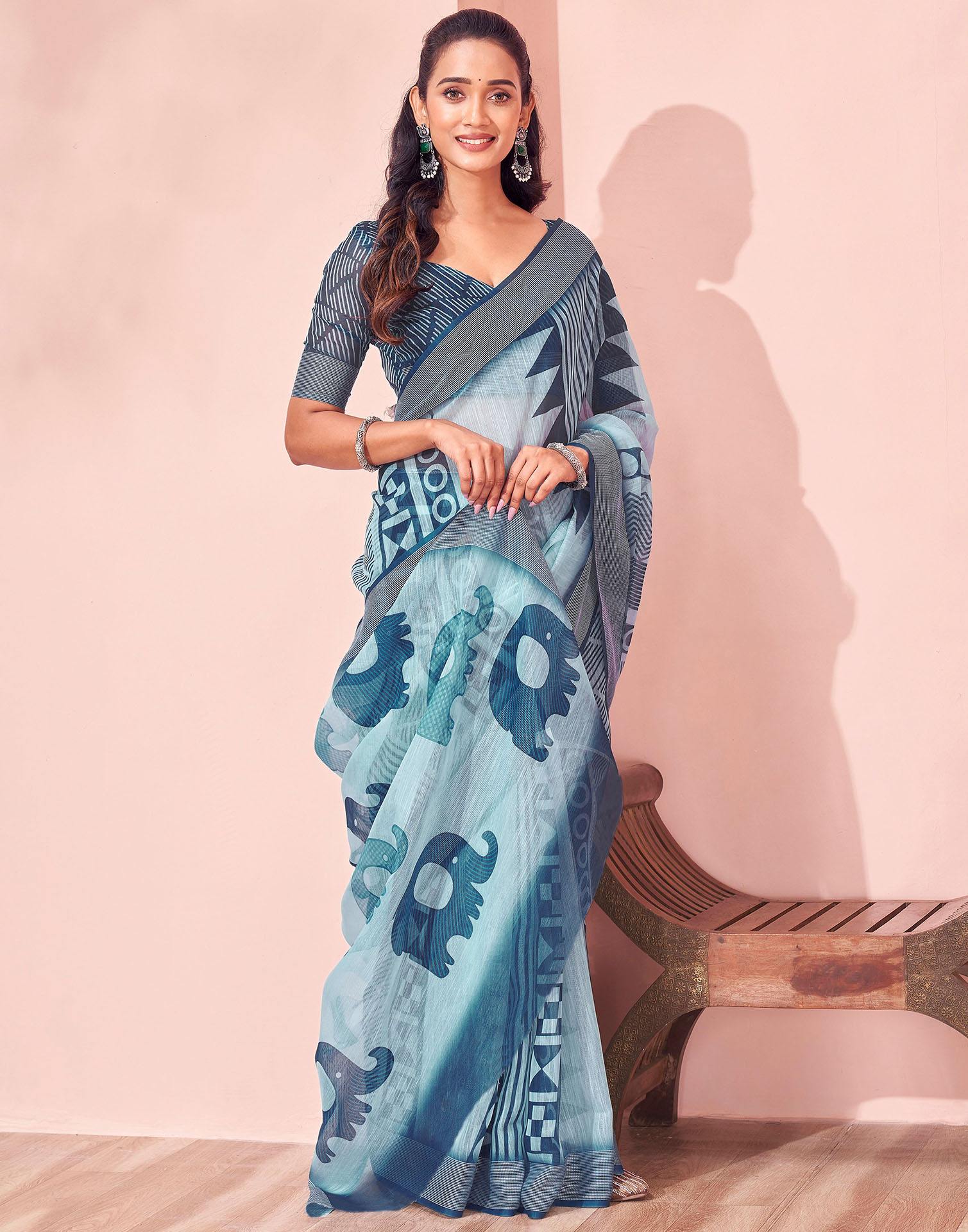 Light Blue Linen Printed Saree