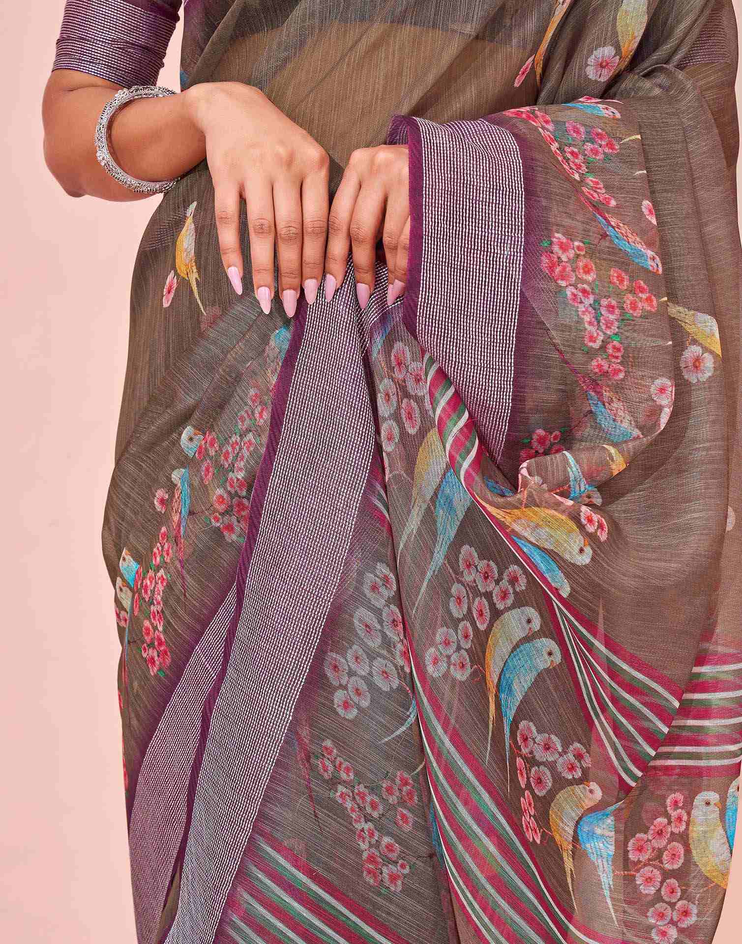 Brown Linen Printed Saree