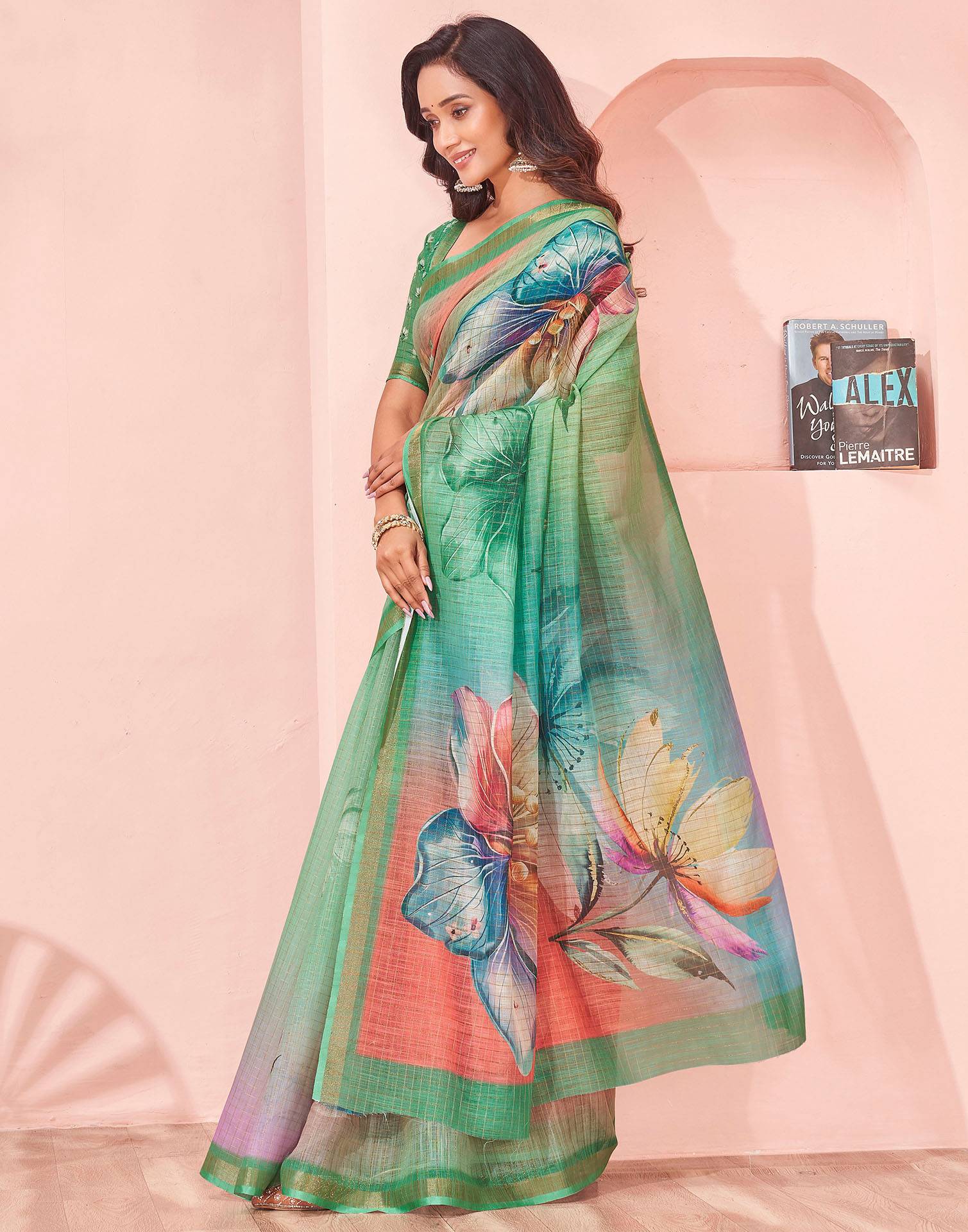Light Green Linen Floral Printed Saree