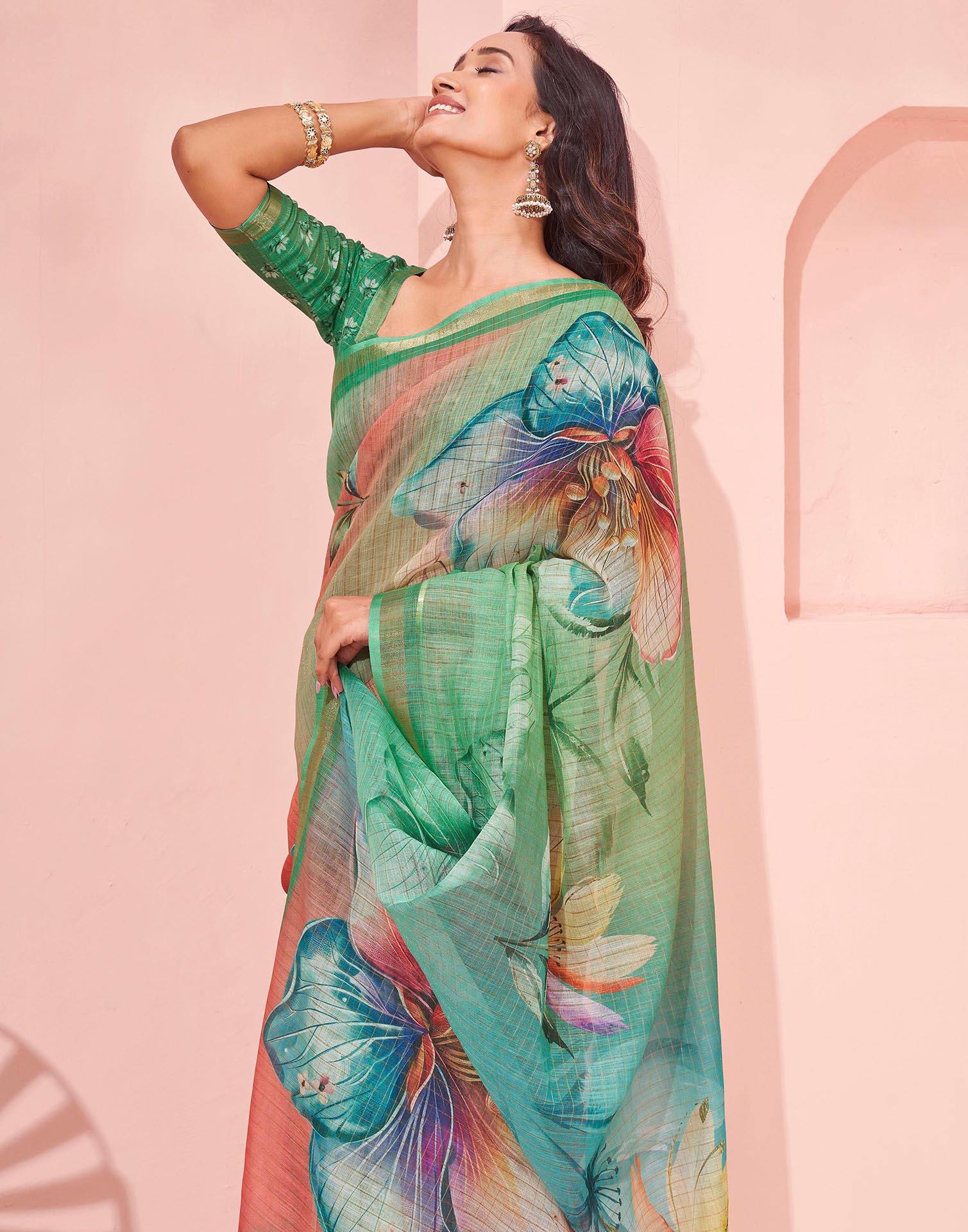 Light Green Linen Floral Printed Saree