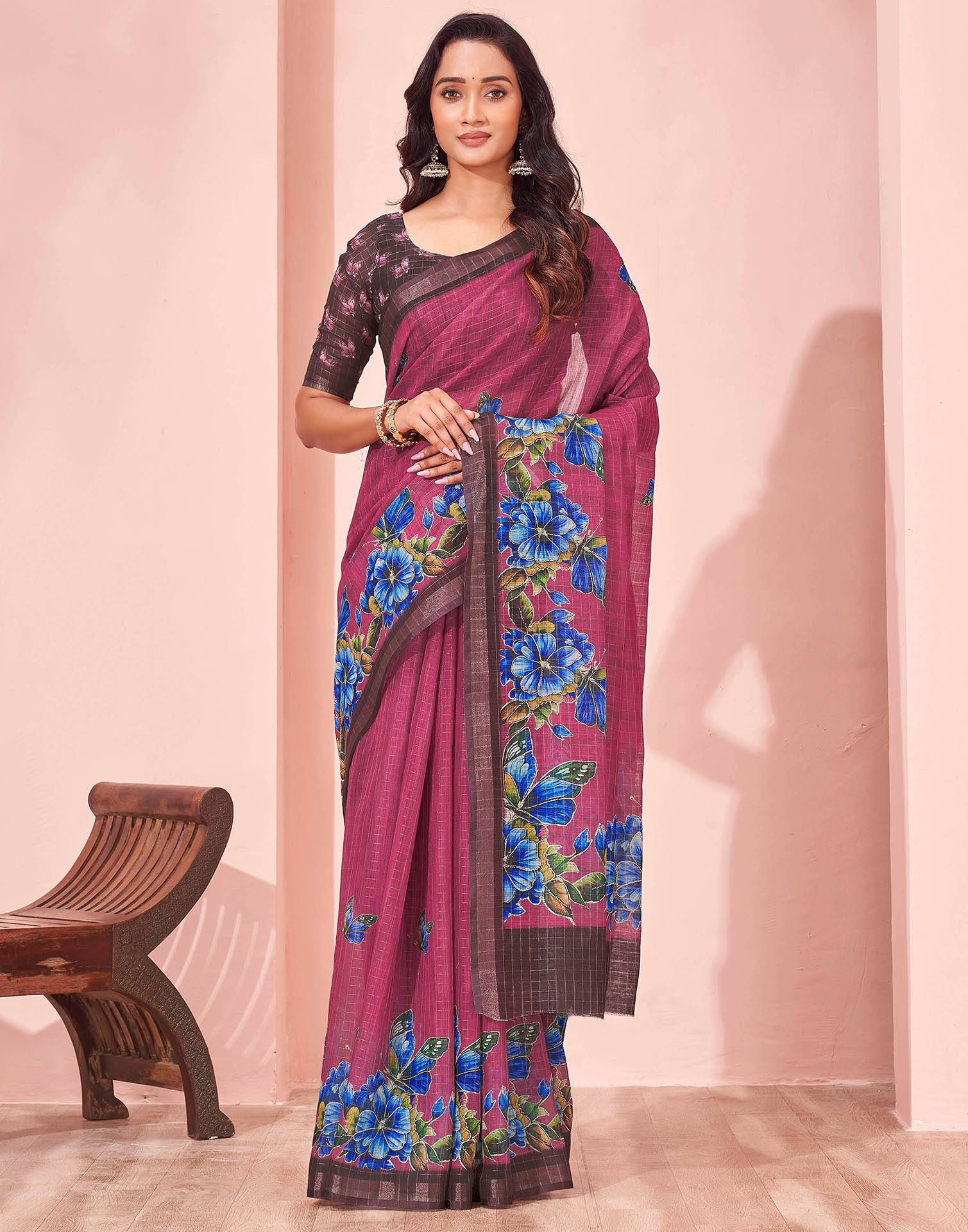 Magenta Linen Floral Printed Saree