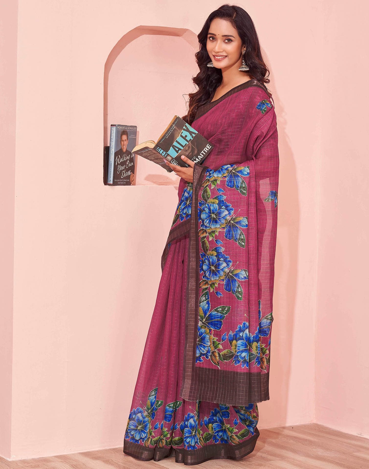 Magenta Linen Floral Printed Saree