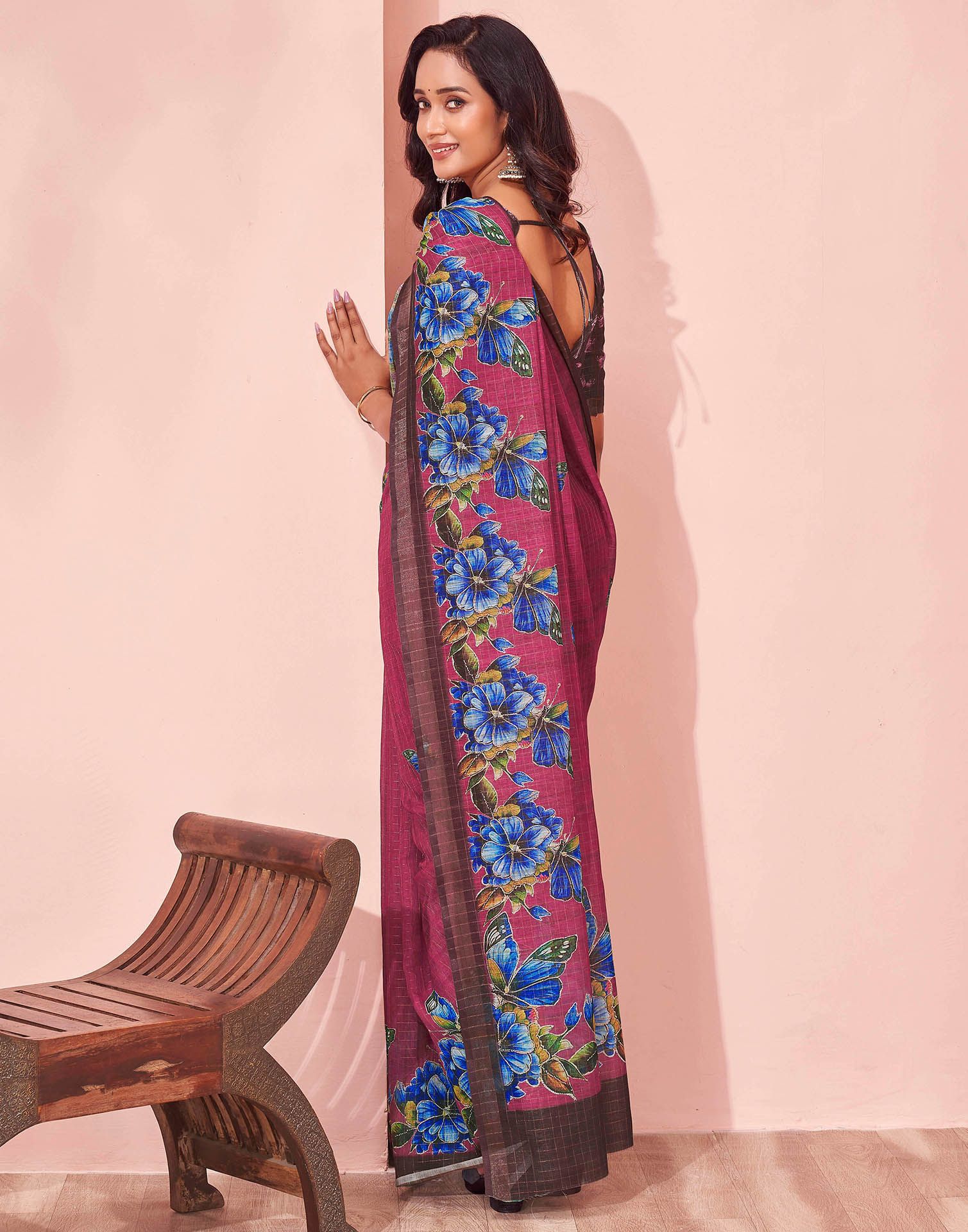 Magenta Linen Floral Printed Saree