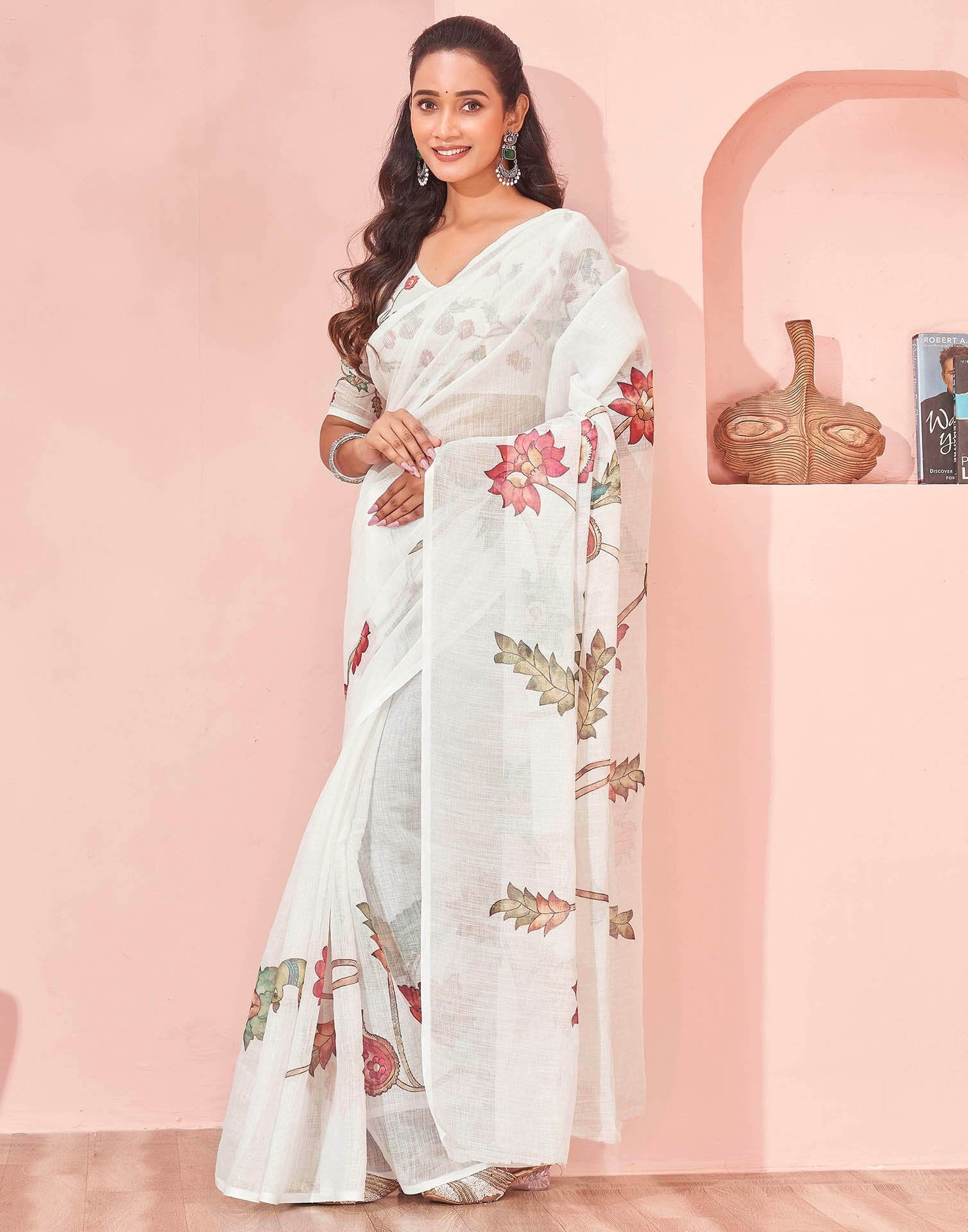 White Linen Floral Printed Saree