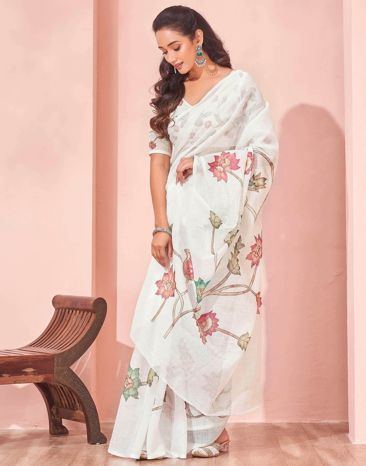White Linen Floral Printed Saree
