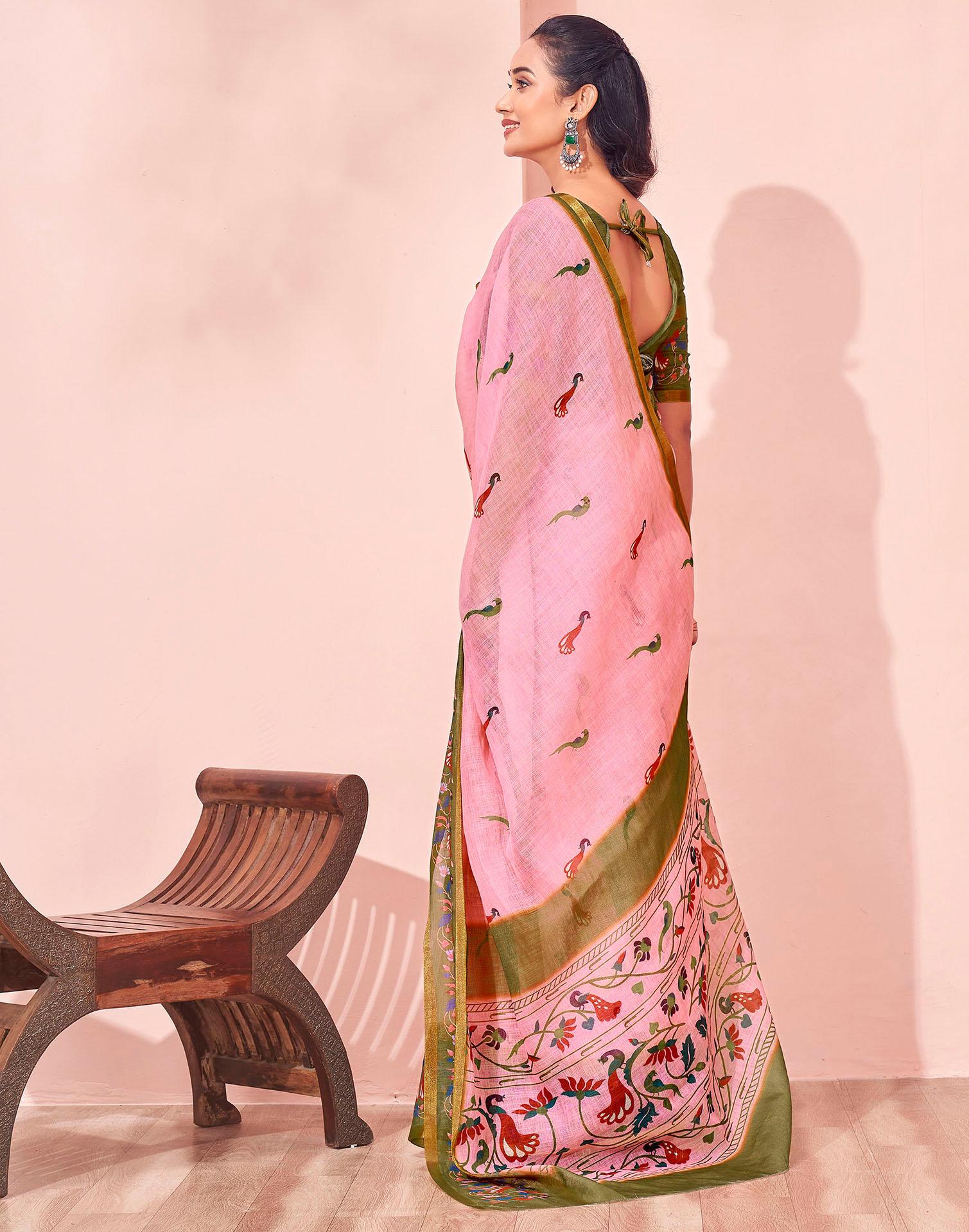 Light Pink Linen Printed Kalamkari Saree
