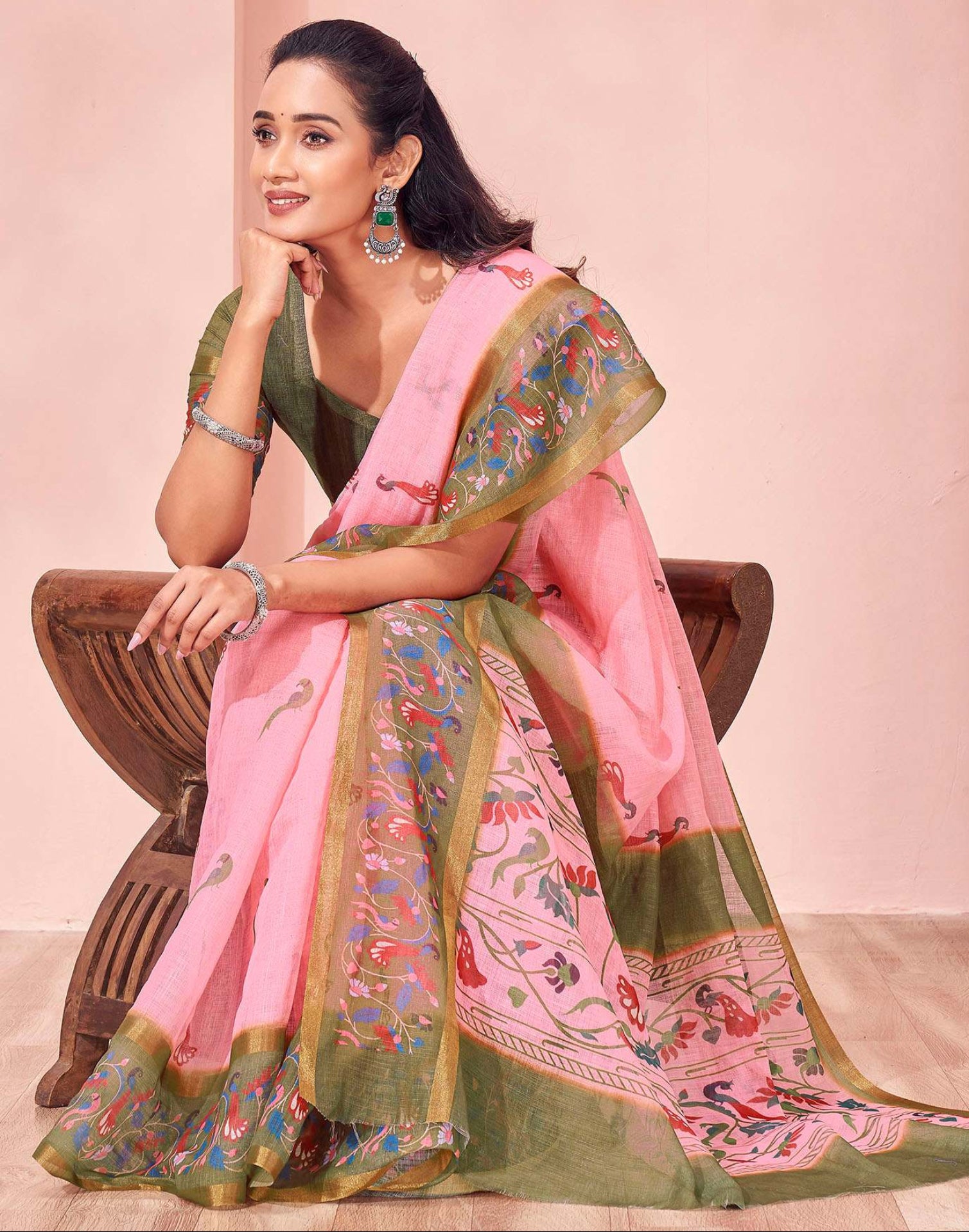 Light Pink Linen Printed Kalamkari Saree