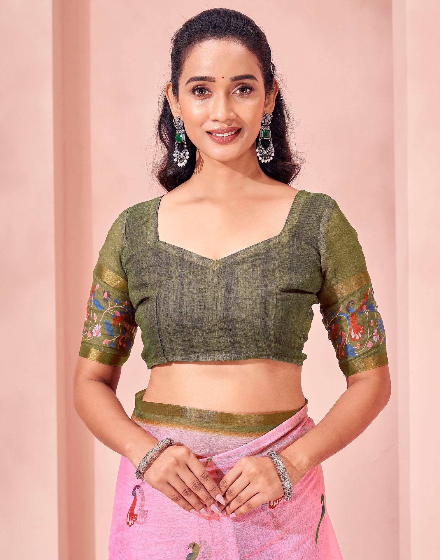 Light Pink Linen Printed Kalamkari Saree