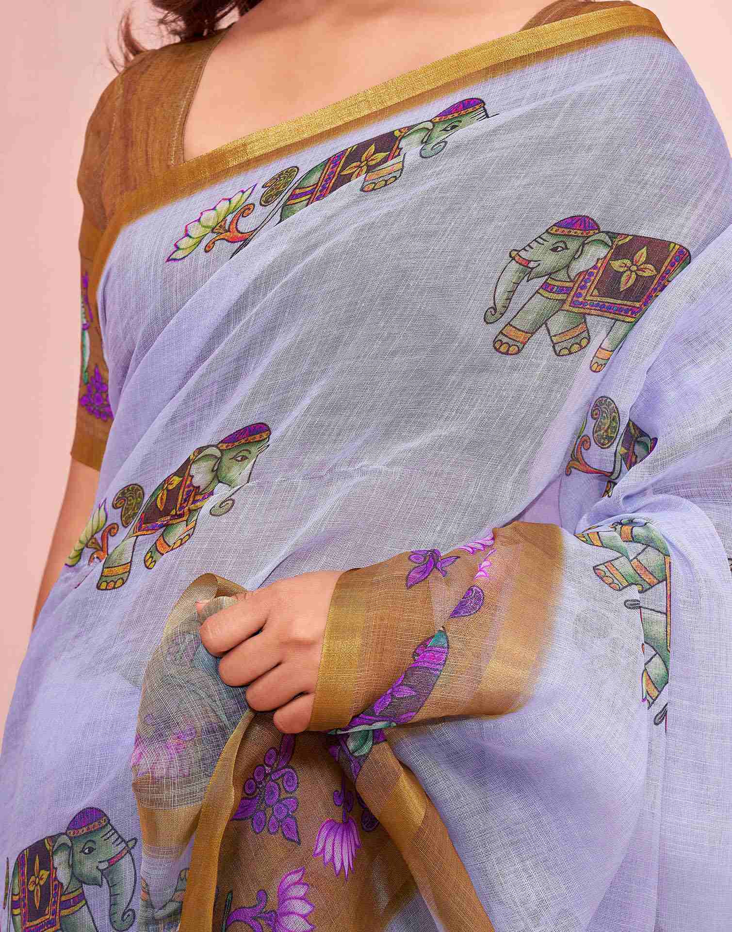 Light Blue Linen Printed Kalamkari Saree
