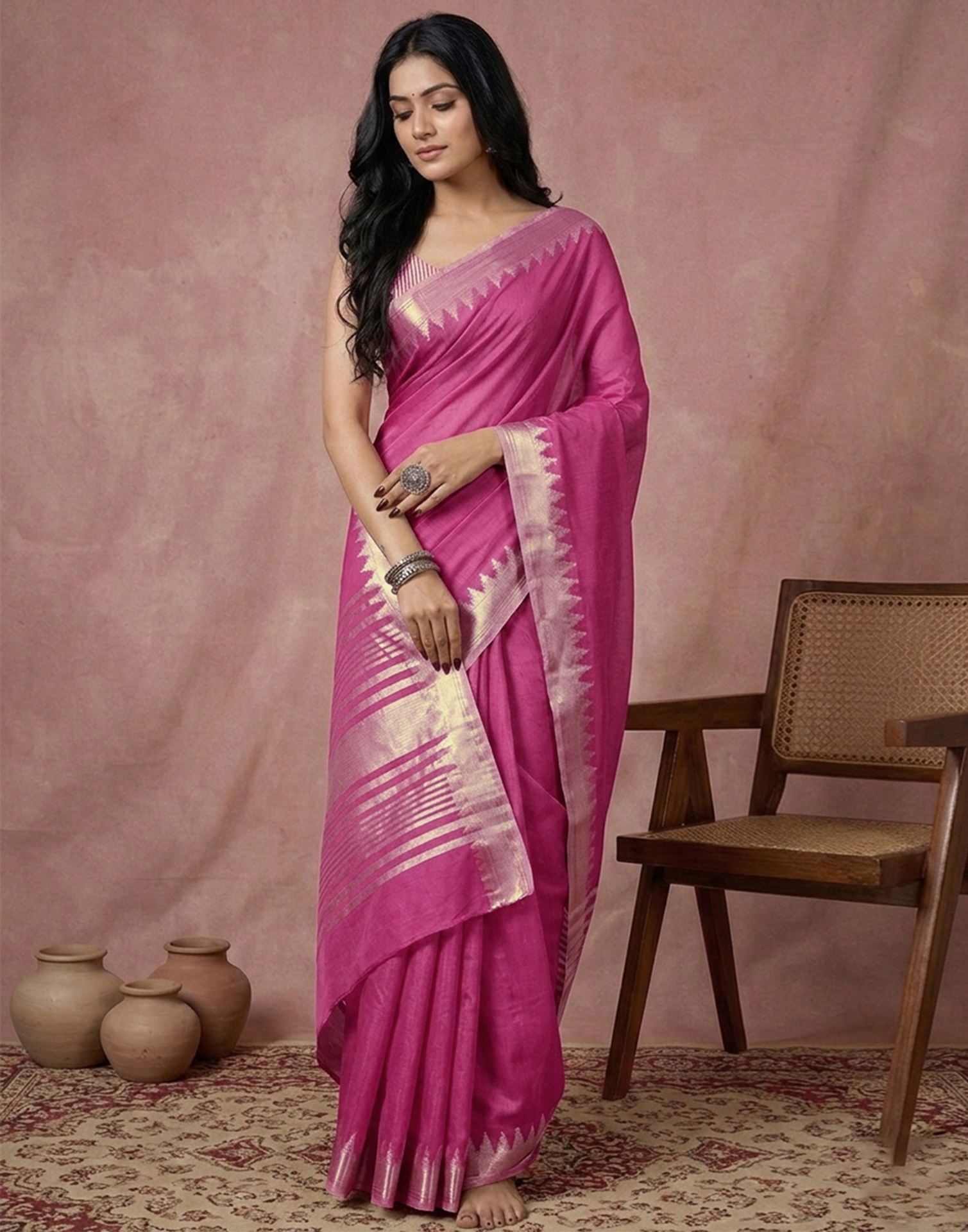 Pink Cotton Silk Woven Border Saree