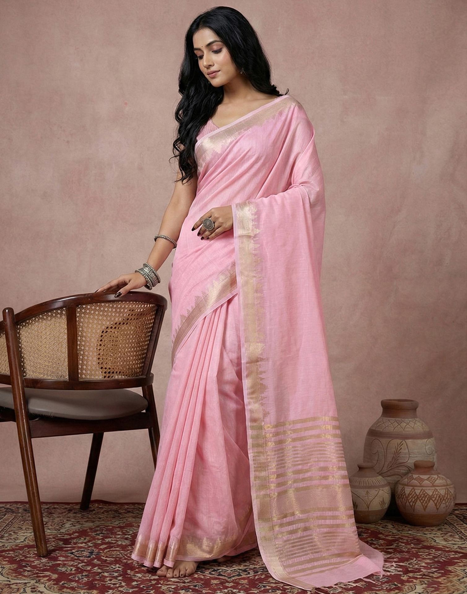 Coral Pink Cotton Silk Woven Border Saree