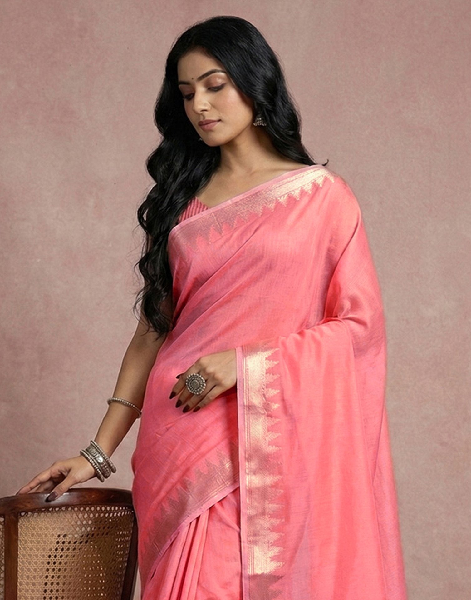 Peach Cotton Silk Woven Border Saree