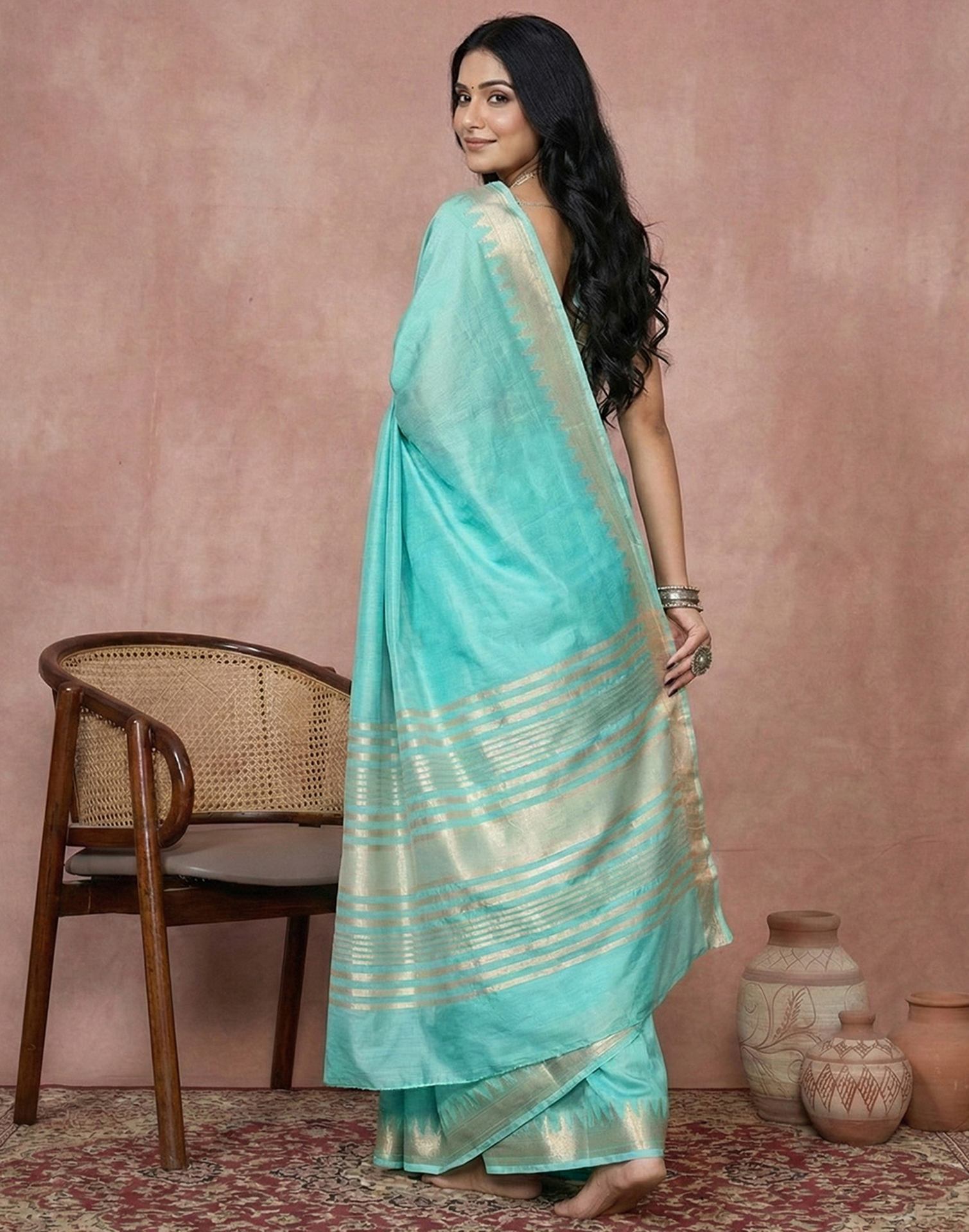 Turquoise Cotton Silk Woven Border Saree