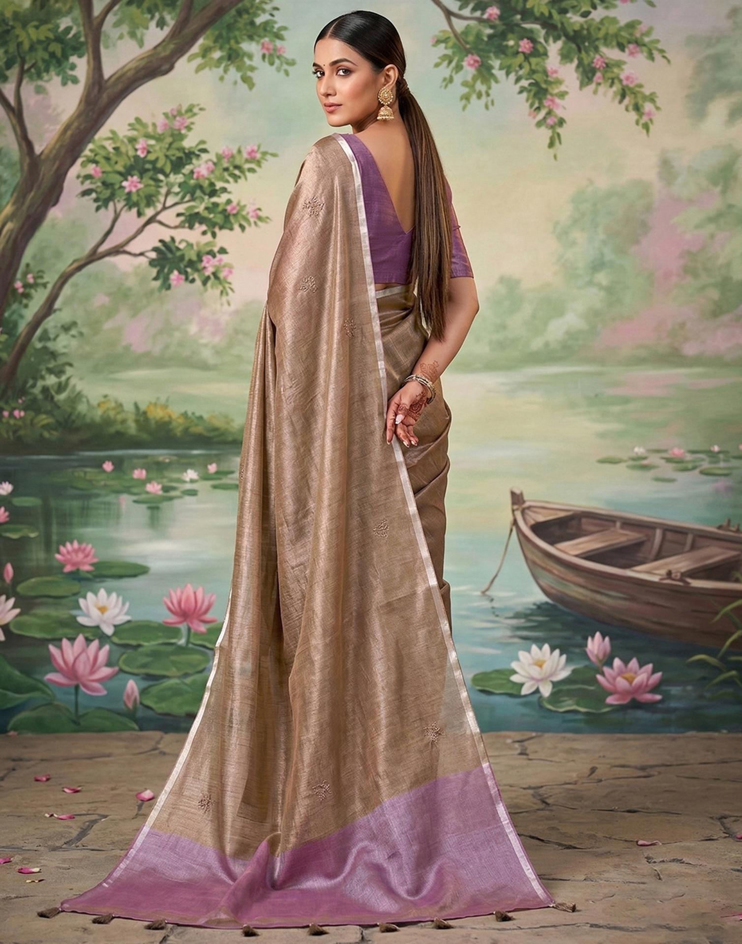 Brown Cotton Silk Tassels Woven Saree