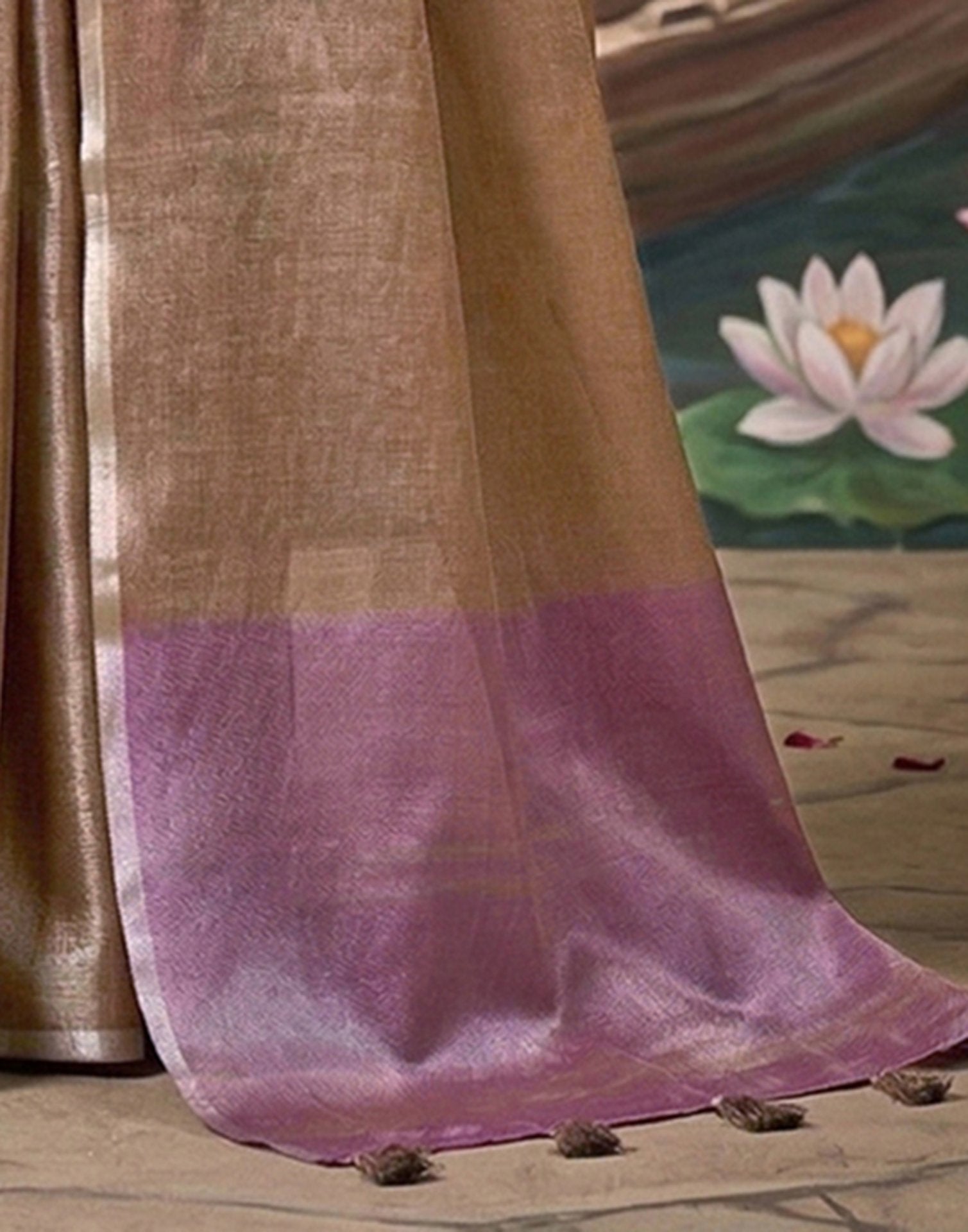 Brown Cotton Silk Tassels Woven Saree