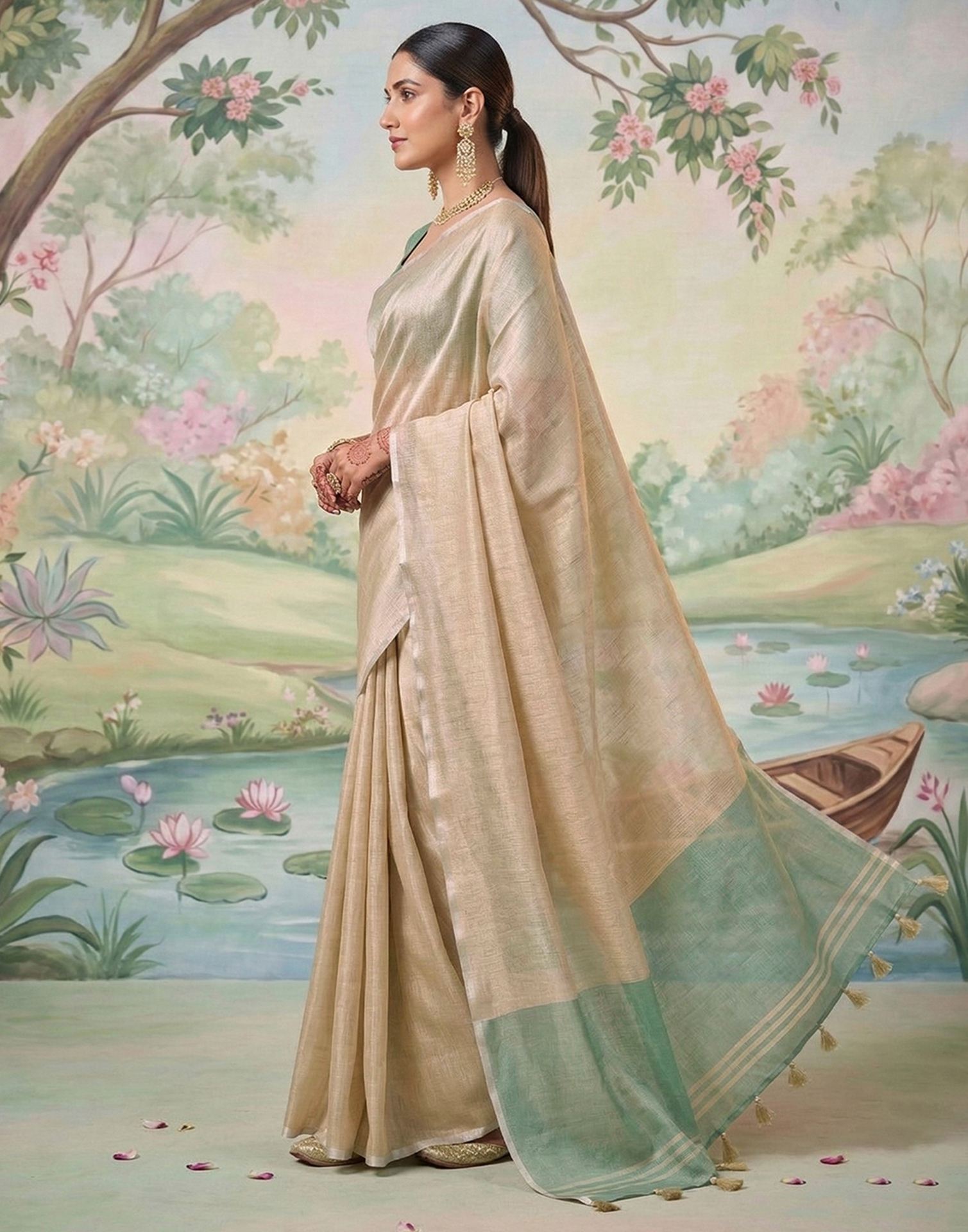 Beige Cotton Silk Tassels Woven Saree
