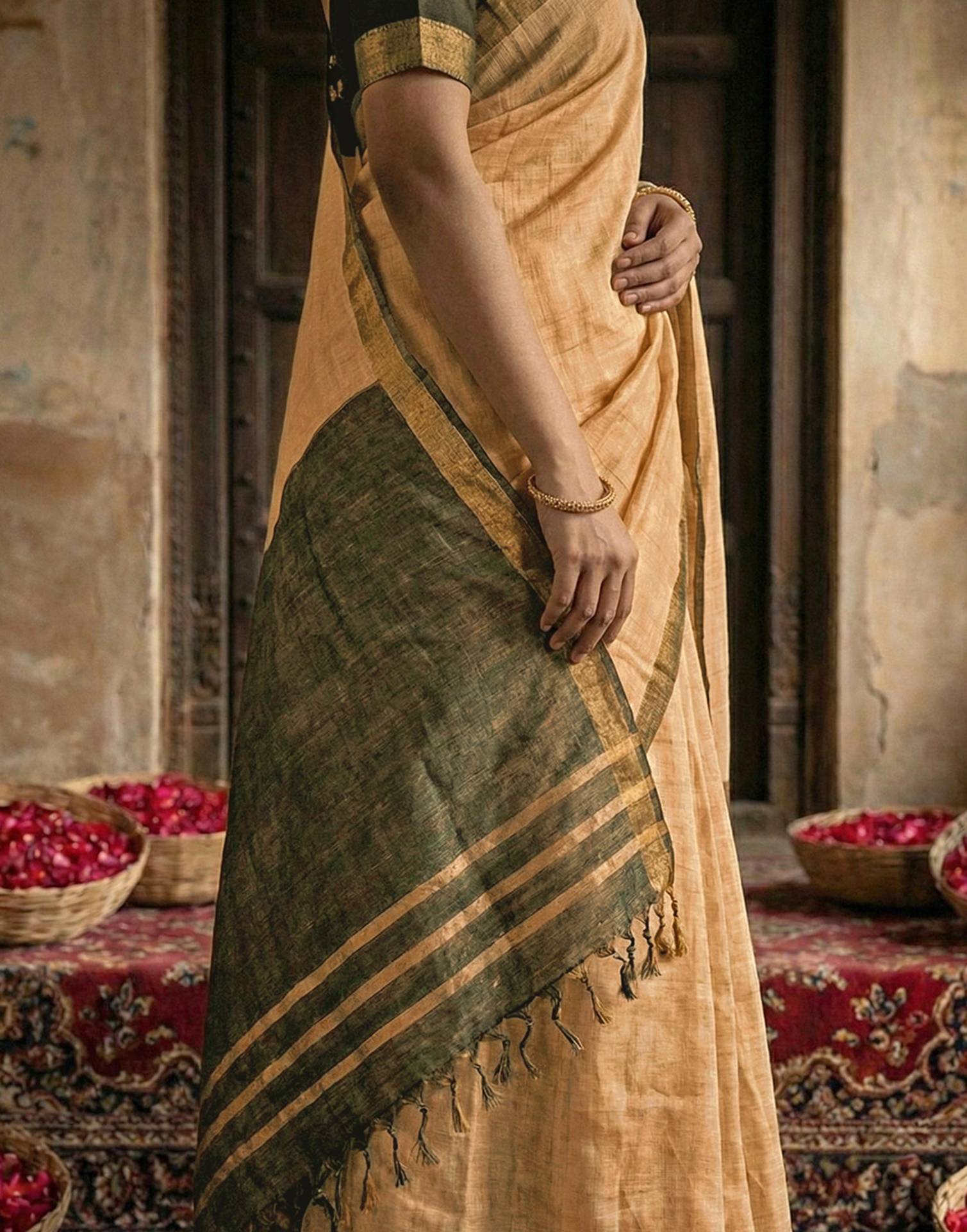 Dusty Mustard Beige Chanderi Cotton Zari Border Woven Saree