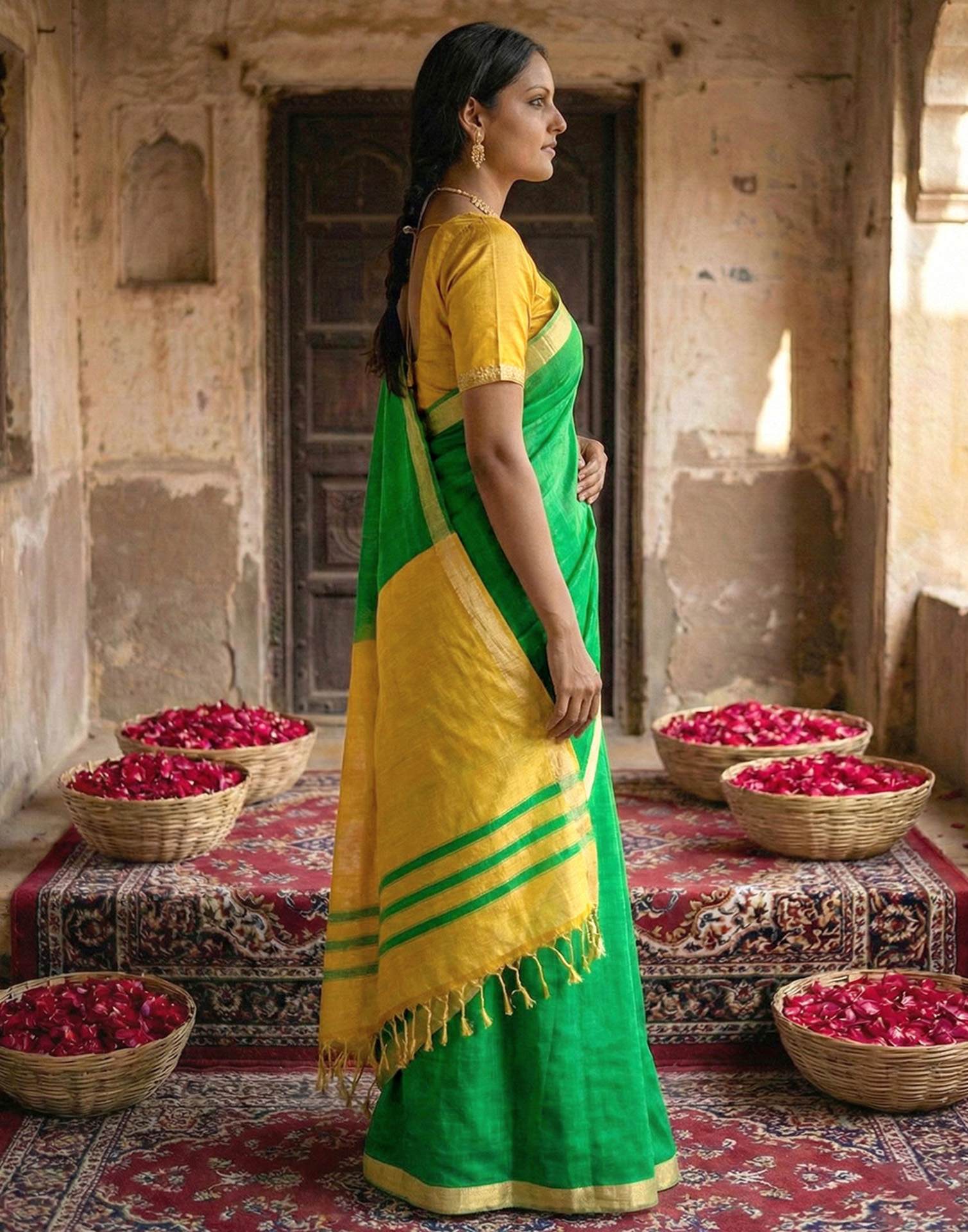 Parrot Green Chanderi Cotton Zari Border Woven Saree