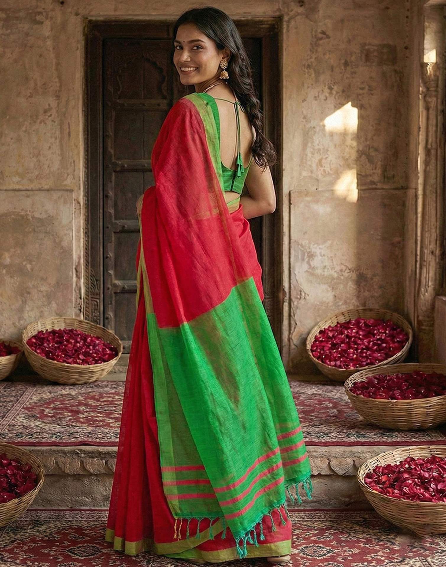 Red Chanderi Cotton Zari Border Woven Saree