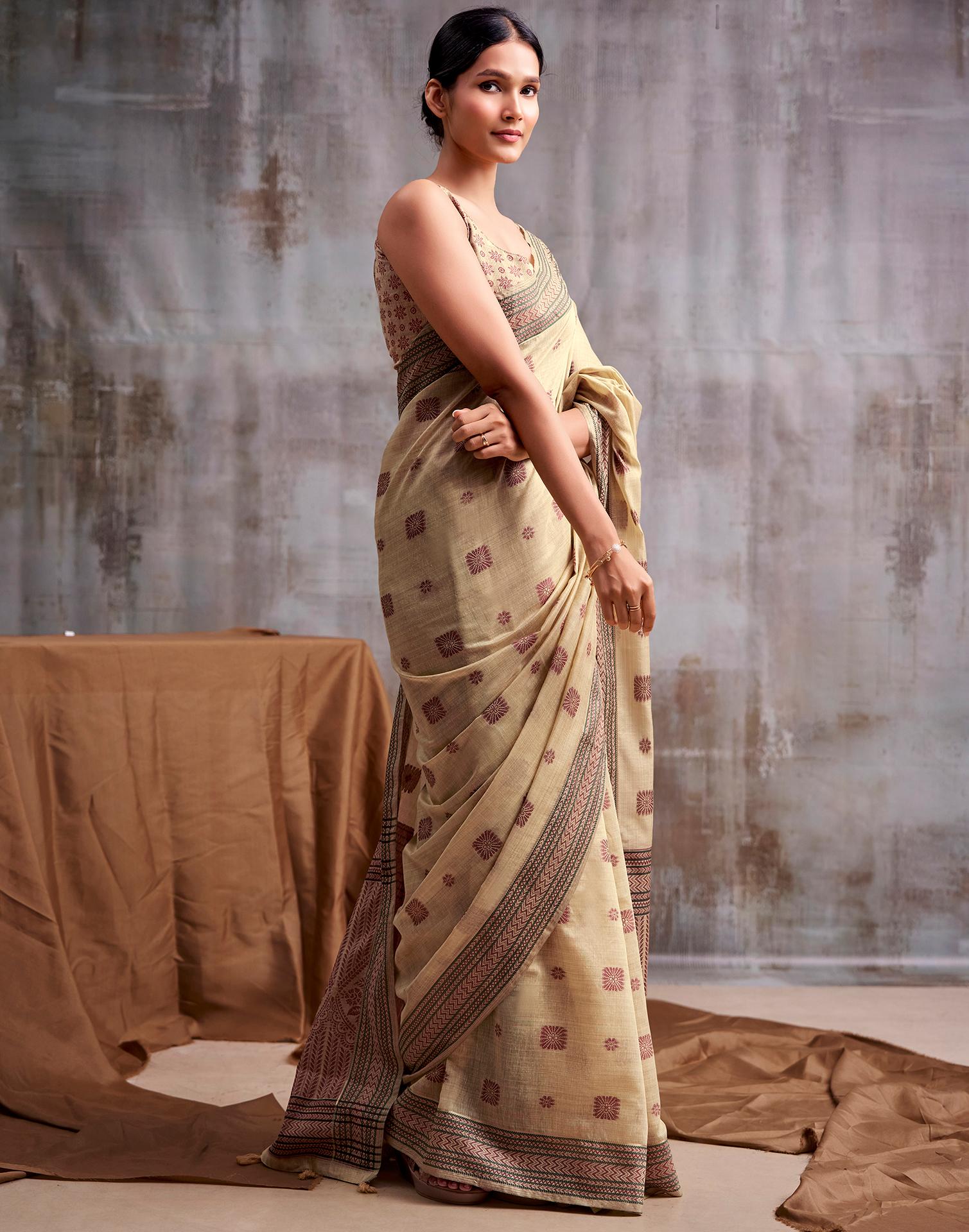 Beige Cotton Woven Saree