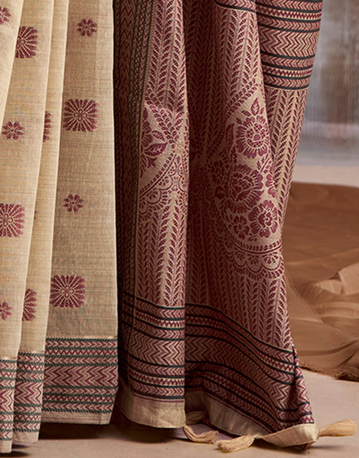 Beige Cotton Woven Saree