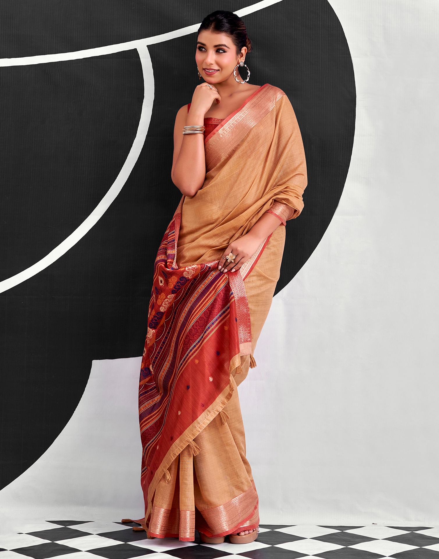 Peach Cotton Silk Woven Saree