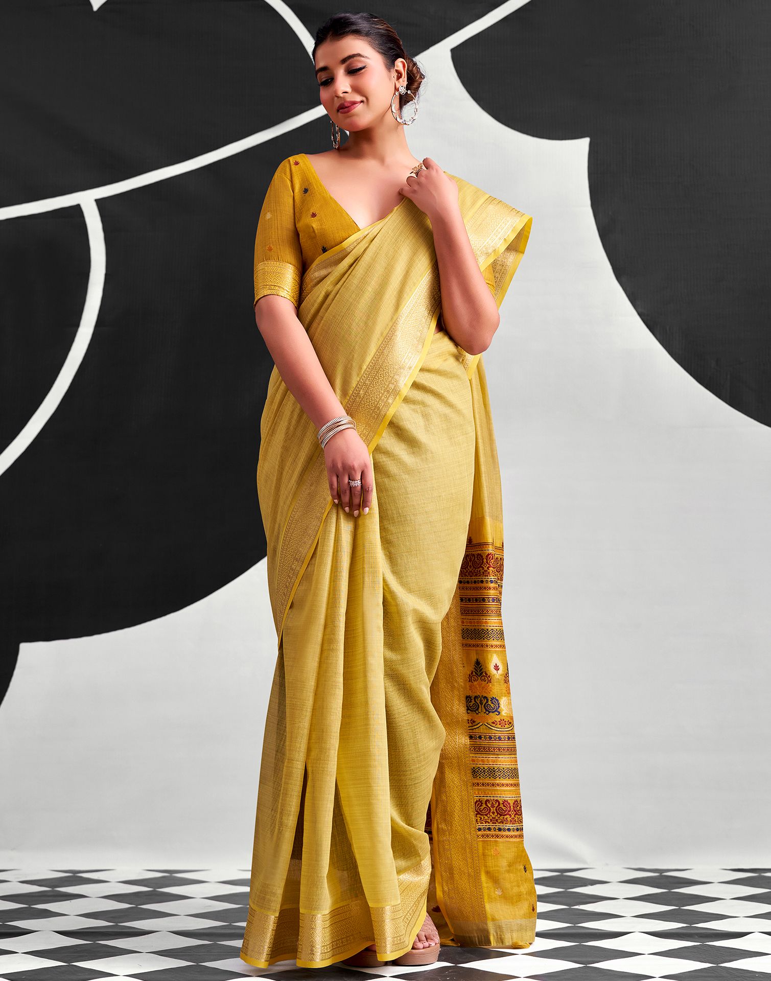 Light Mustard Yellow Cotton Silk Woven Saree