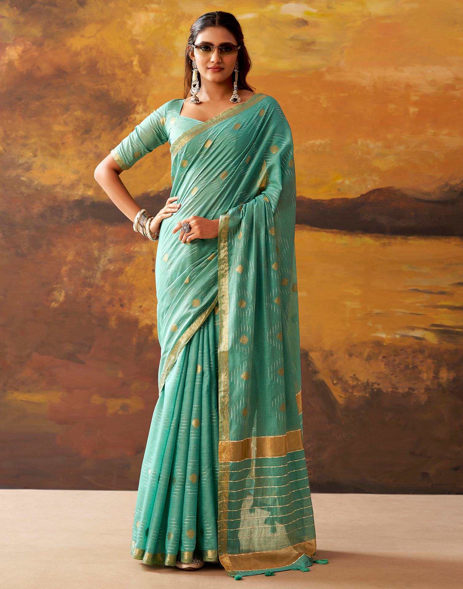 Turquoise Cotton Chanderi Woven Saree