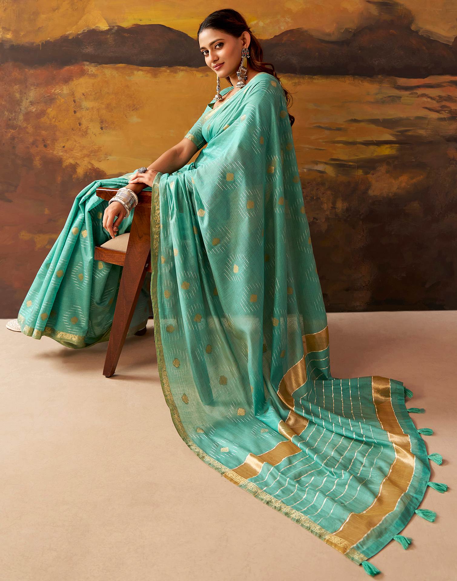 Turquoise Cotton Chanderi Woven Saree