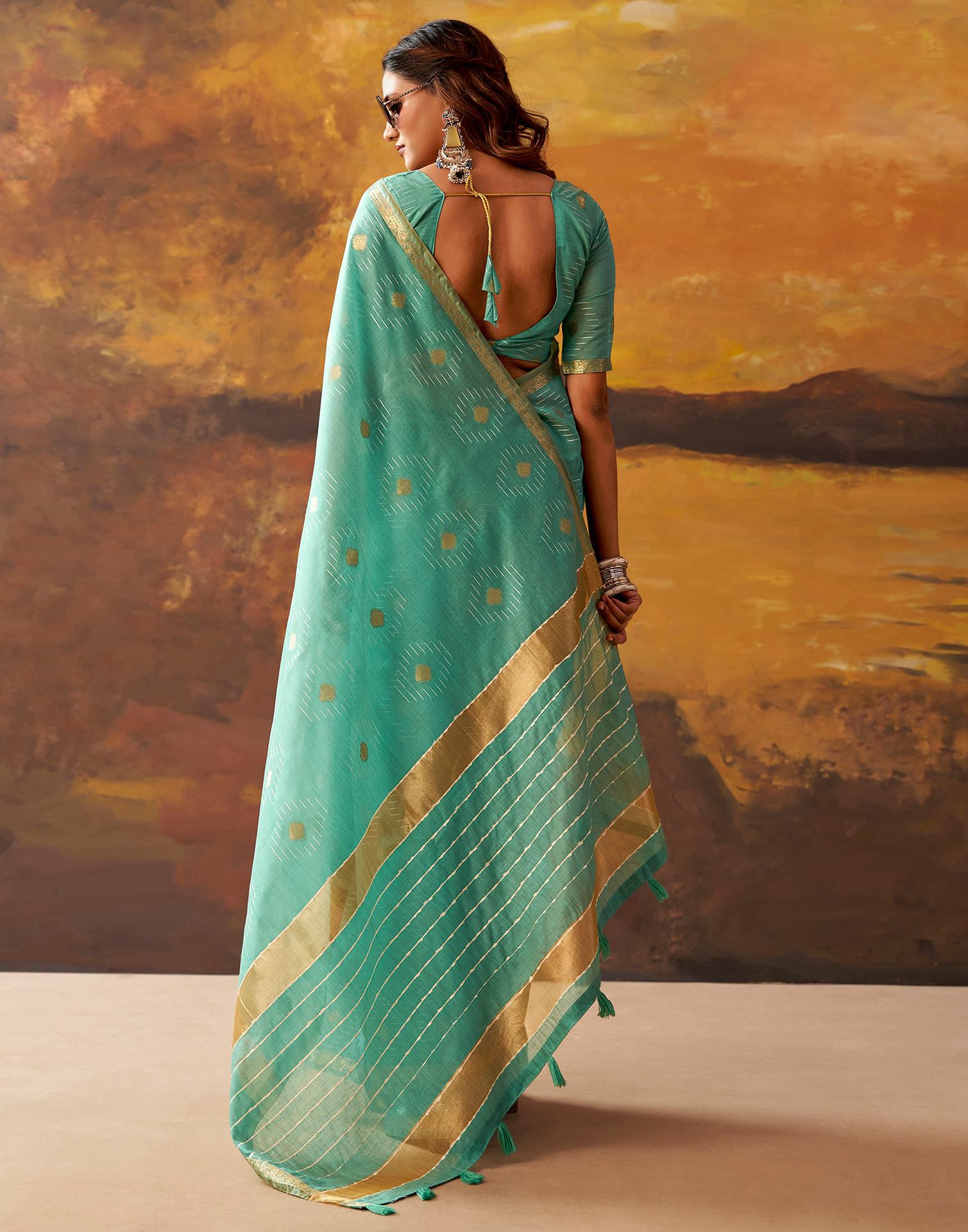 Turquoise Cotton Chanderi Woven Saree