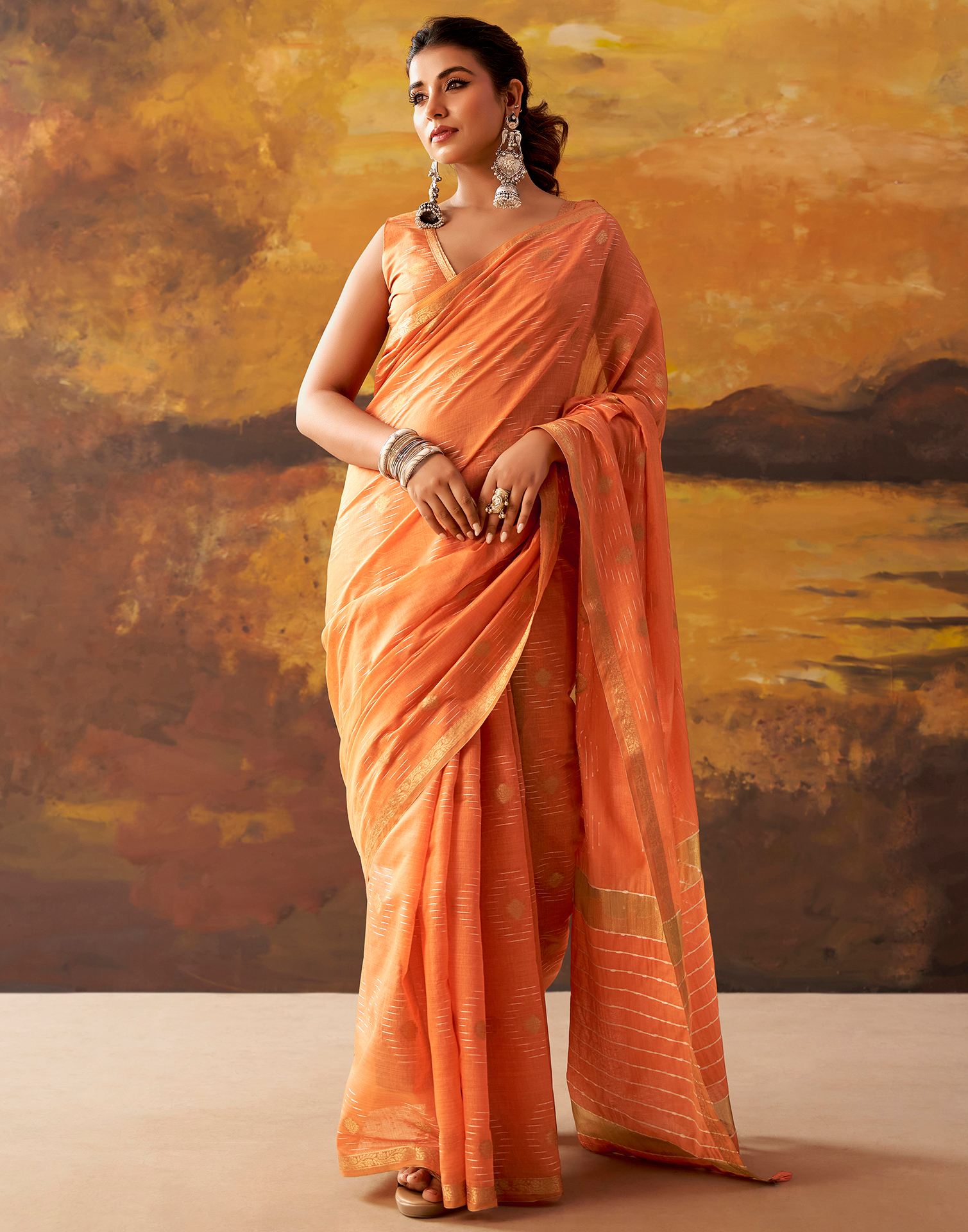 Dark Peach Cotton Chanderi Woven Saree