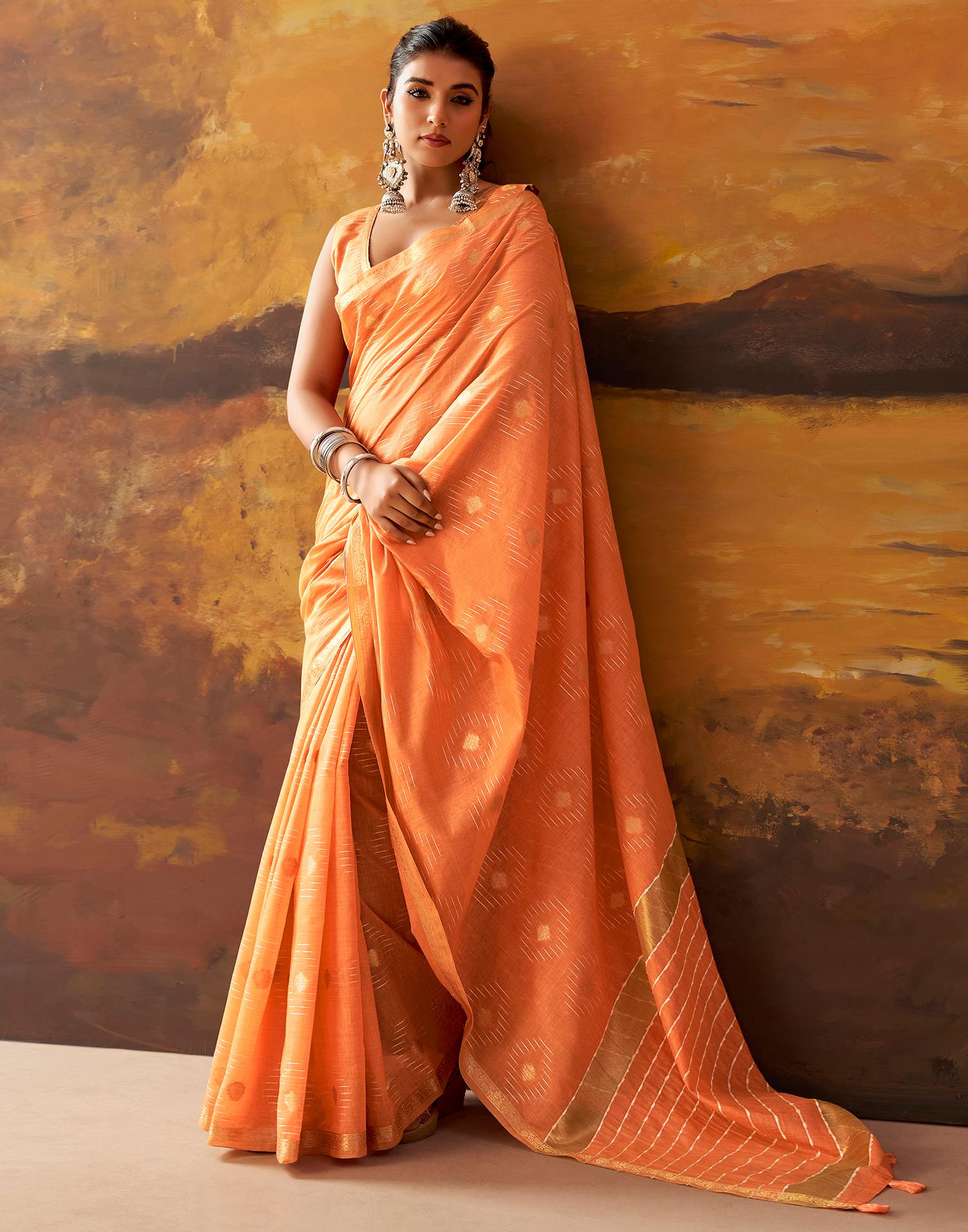 Dark Peach Cotton Chanderi Woven Saree