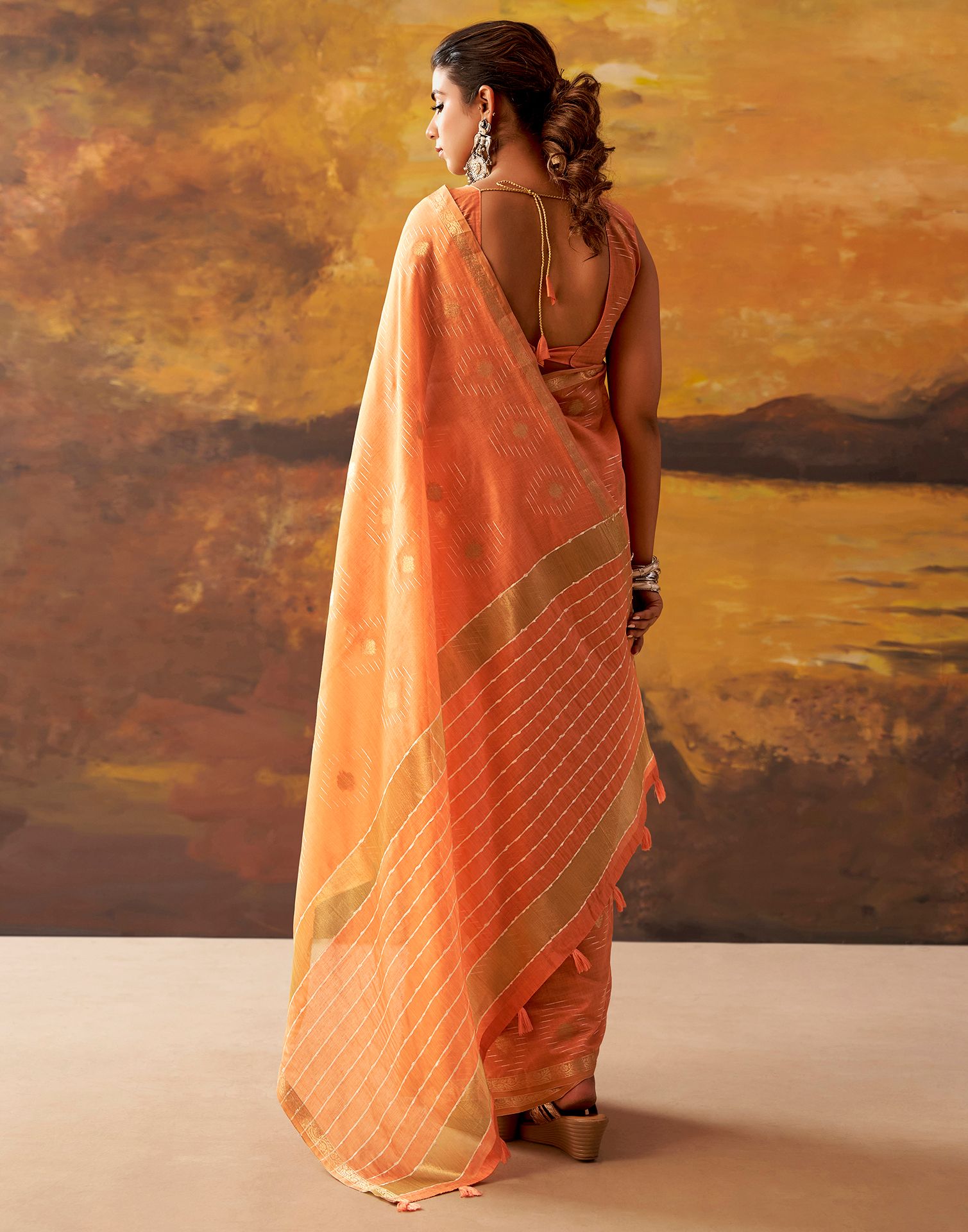 Dark Peach Cotton Chanderi Woven Saree