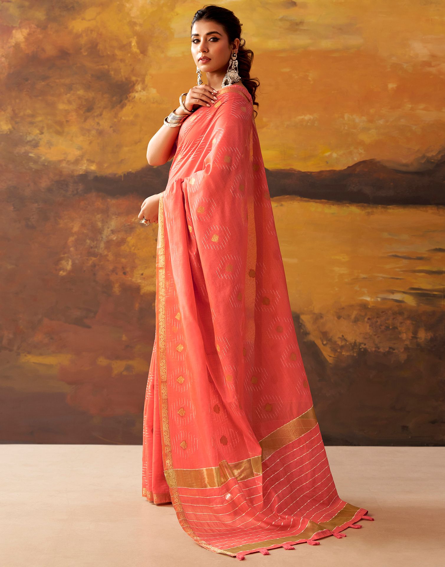 Coral Pink Cotton Chanderi Woven Saree