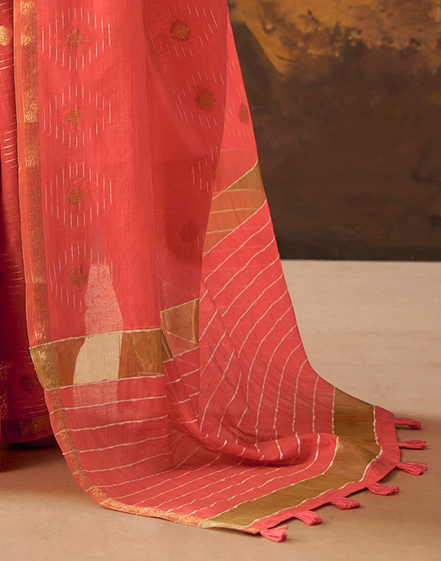 Coral Pink Cotton Chanderi Woven Saree