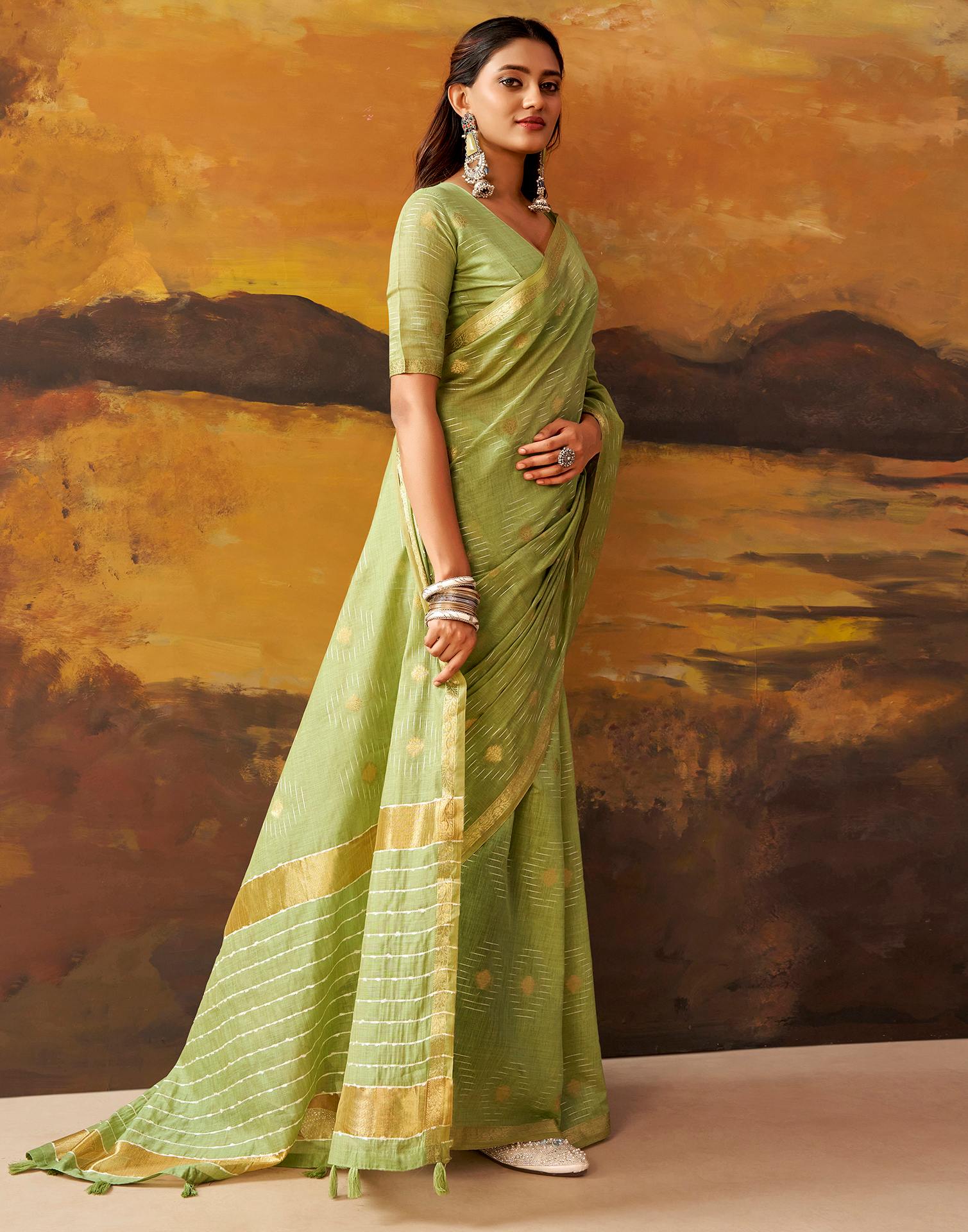 Pista Green Cotton Chanderi Woven Saree