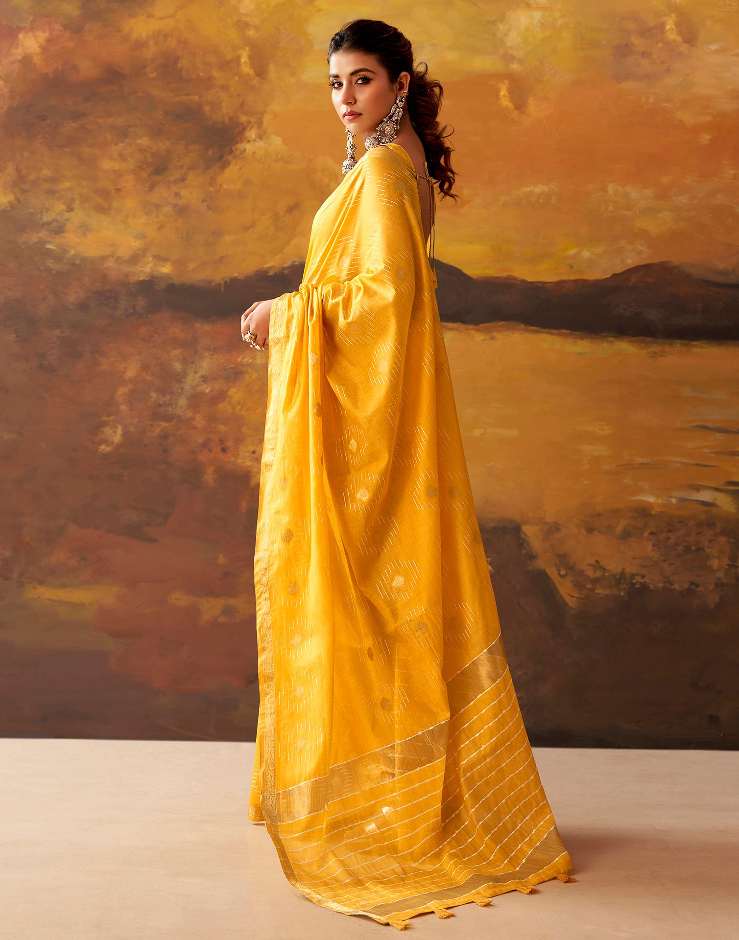 Yellow Cotton Chanderi Woven Saree