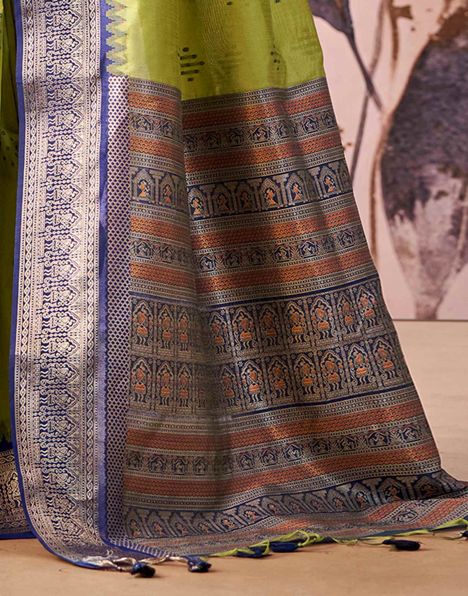 Lime Green Tusser Silk Woven Kanjivaram Saree