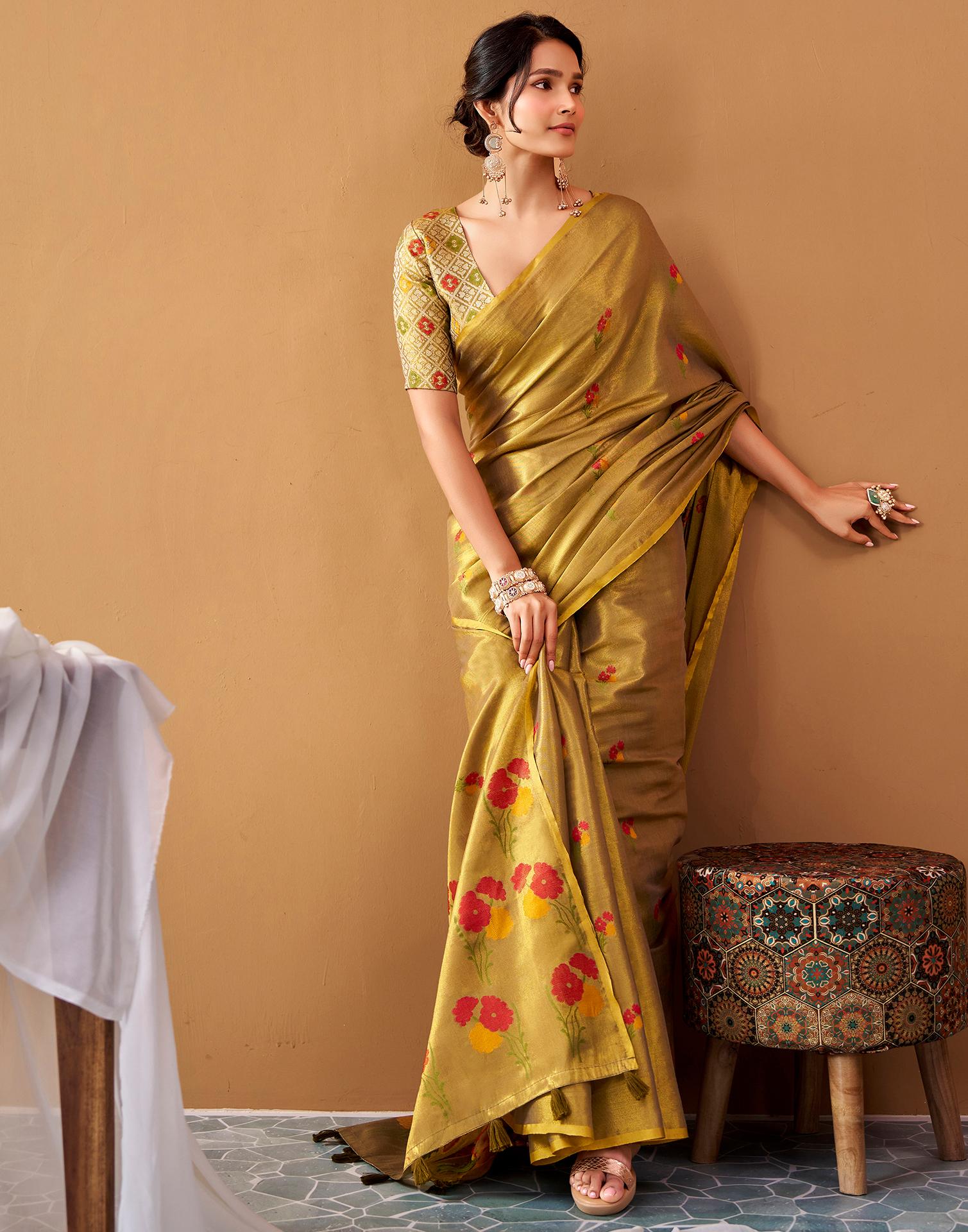 Dark Mustard Green Tissue Silk Woven Floral Saree