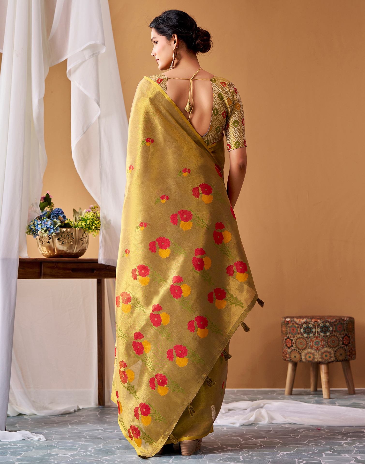 Dark Mustard Green Tissue Silk Woven Floral Saree